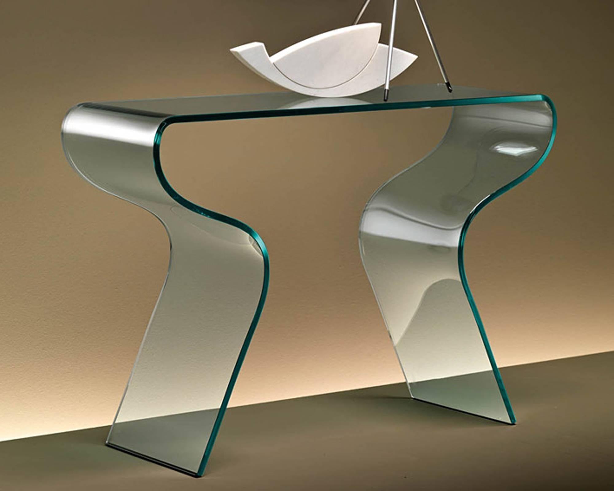 Italian Equita Console Casted in One Slab of Curved Clear Glass For Sale