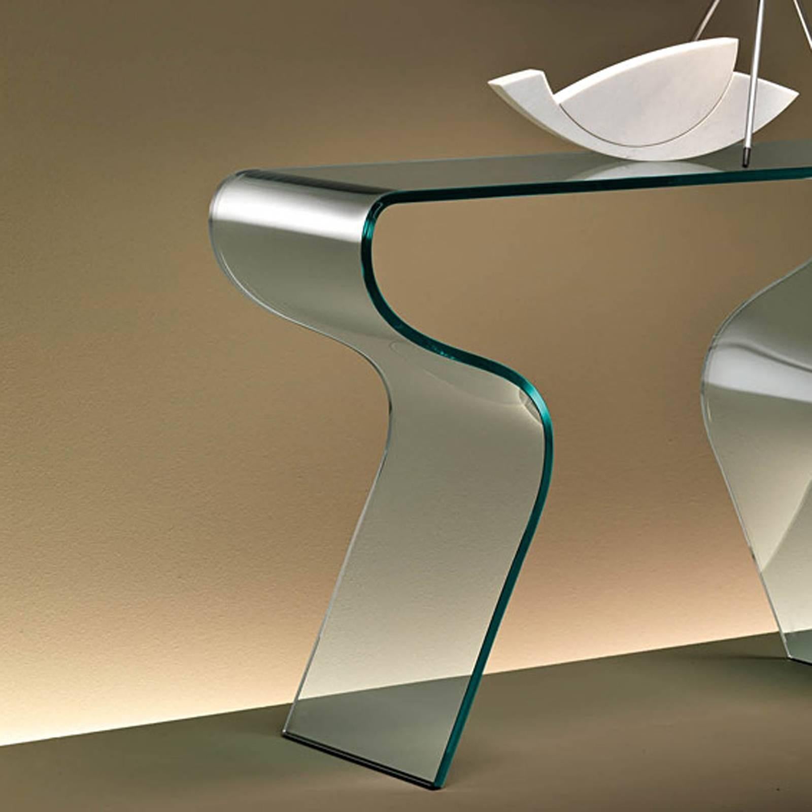 Italian Equita Console Casted in One Slab of Curved Clear Glass For Sale