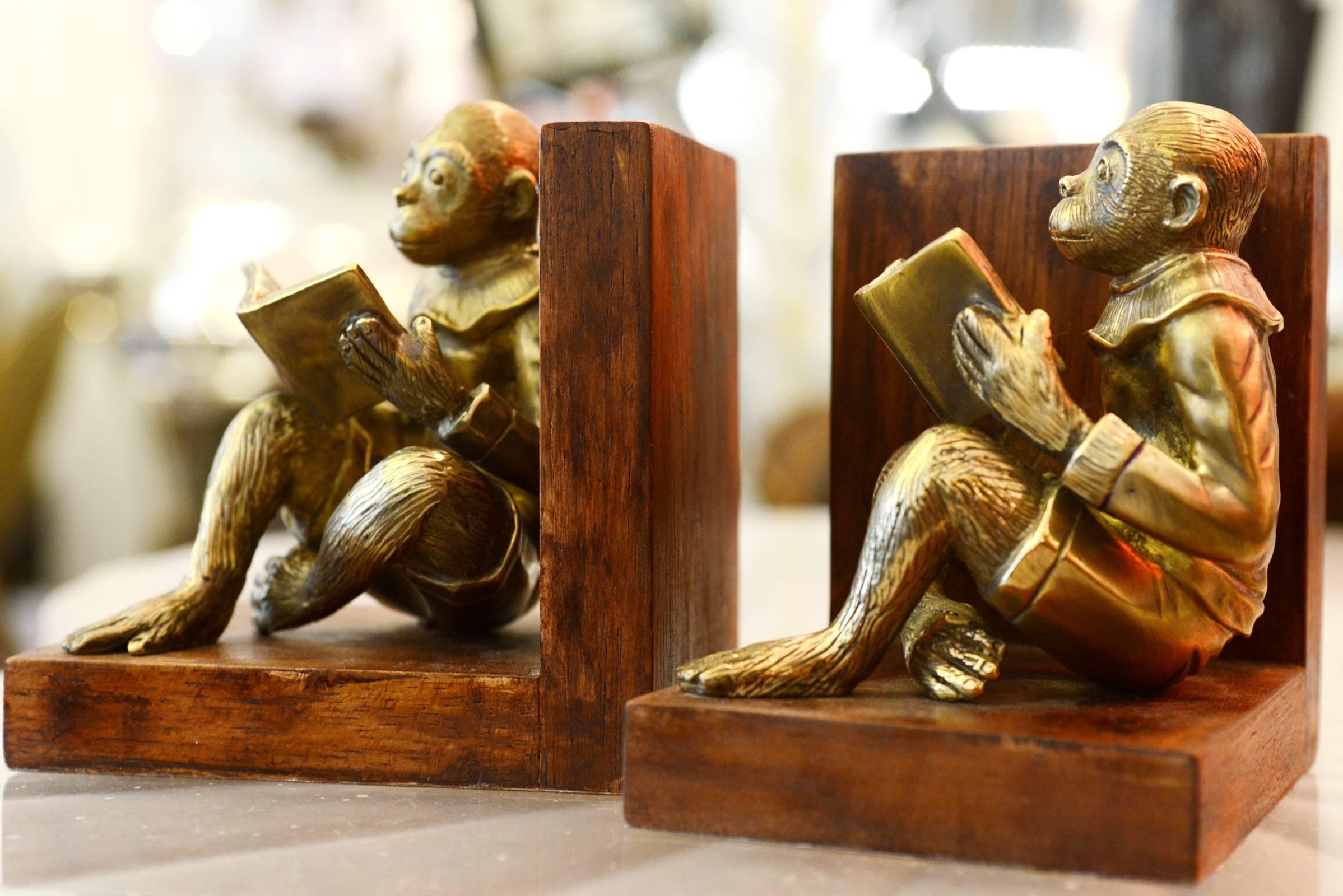 Hand-Carved Monkeys Readers Bookends Set of Two in Bronze