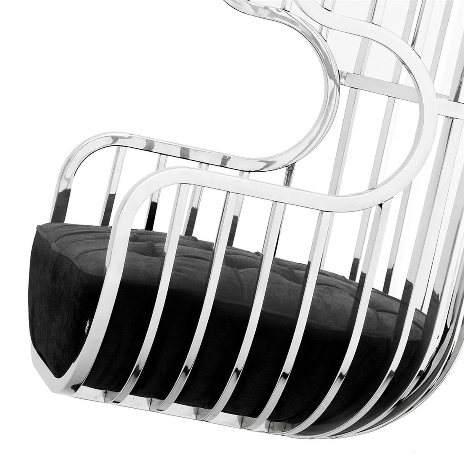Blackened Cage Swivel Armchair in Polished Stainless Steel