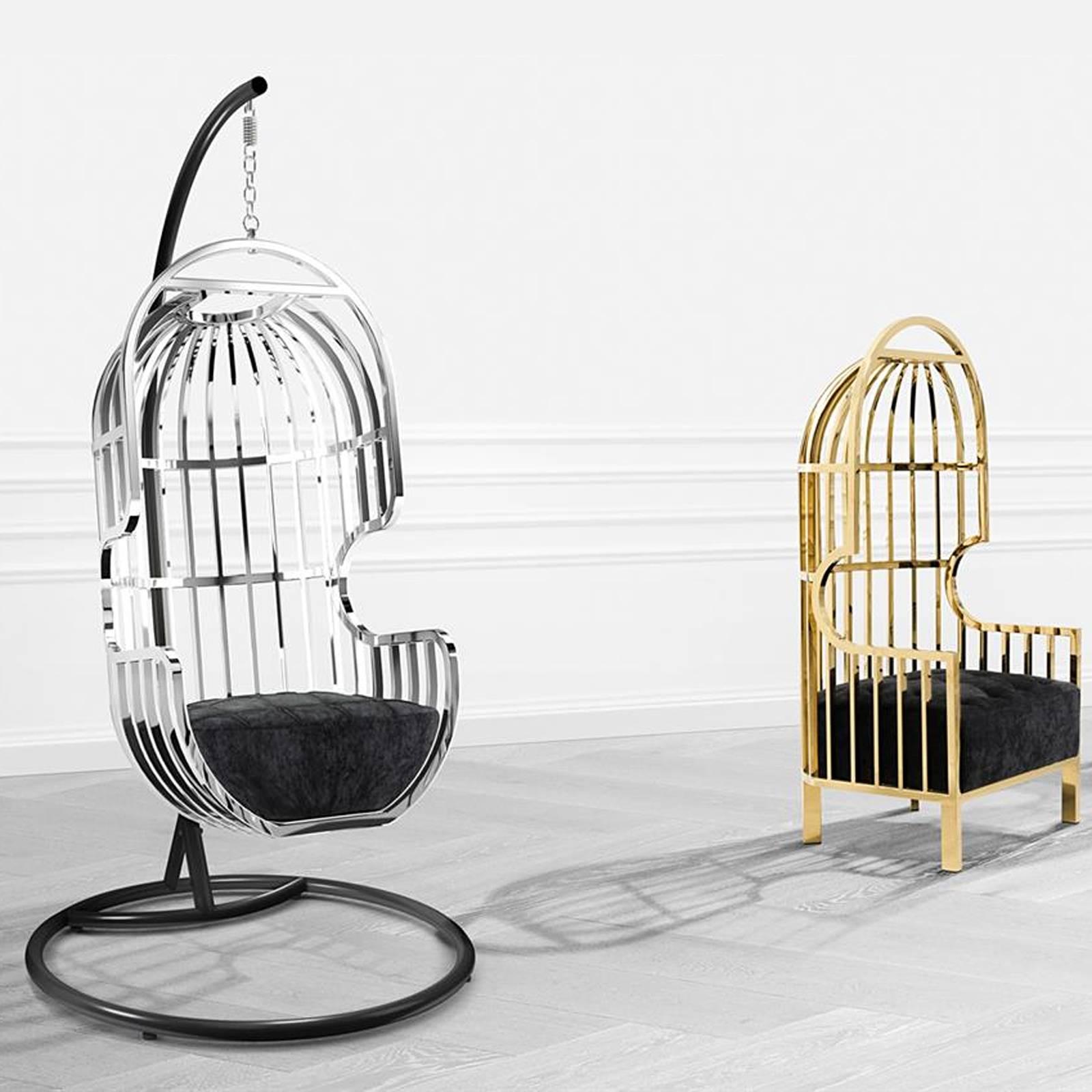 Contemporary Cage Swivel Armchair in Polished Stainless Steel