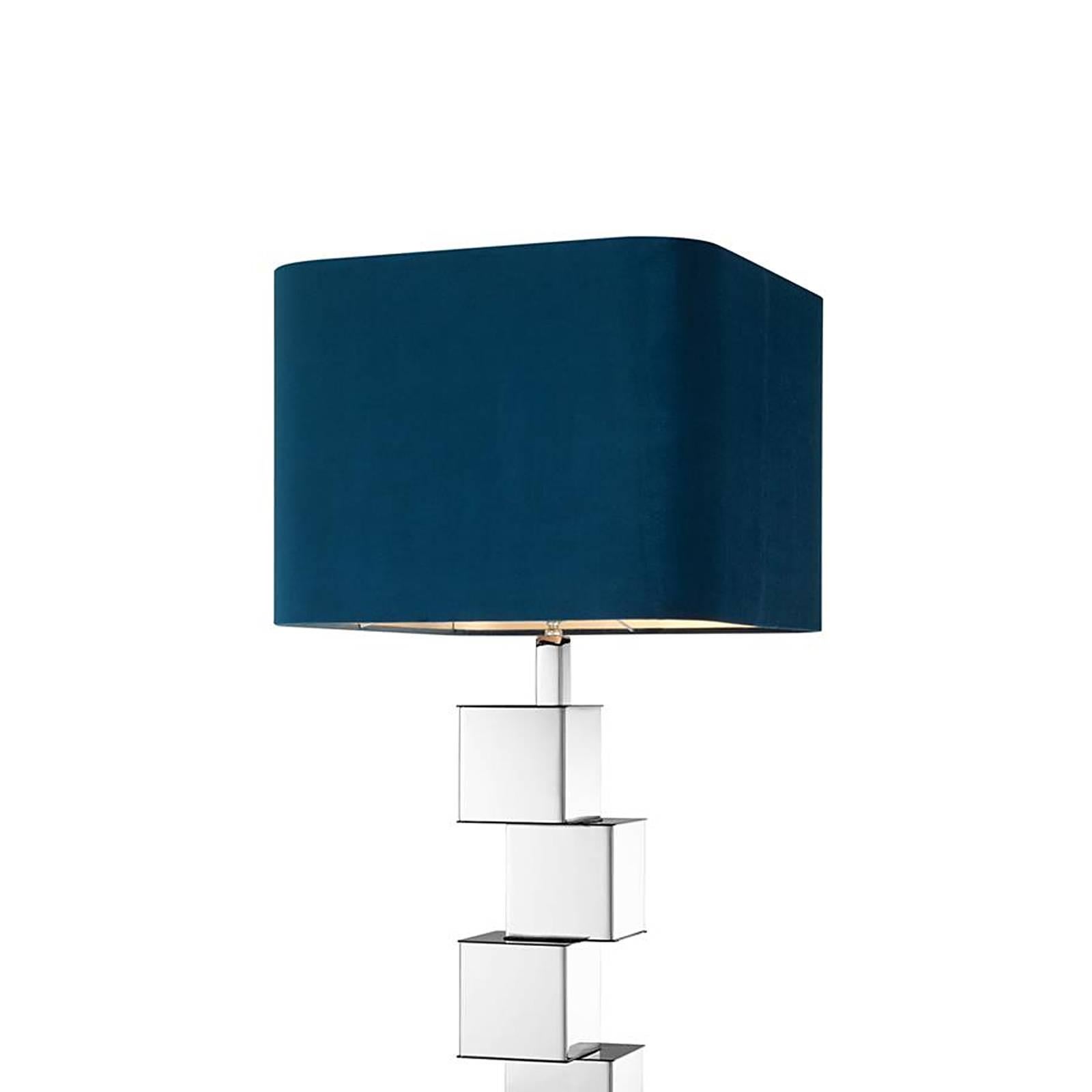 Table lamp marina in polished nickel 
finish with blue velvet lampshade.
Base: 15x15 cm. 1 bulb lamp holder 
type E27, max 40 watt. Bulbs not included.
