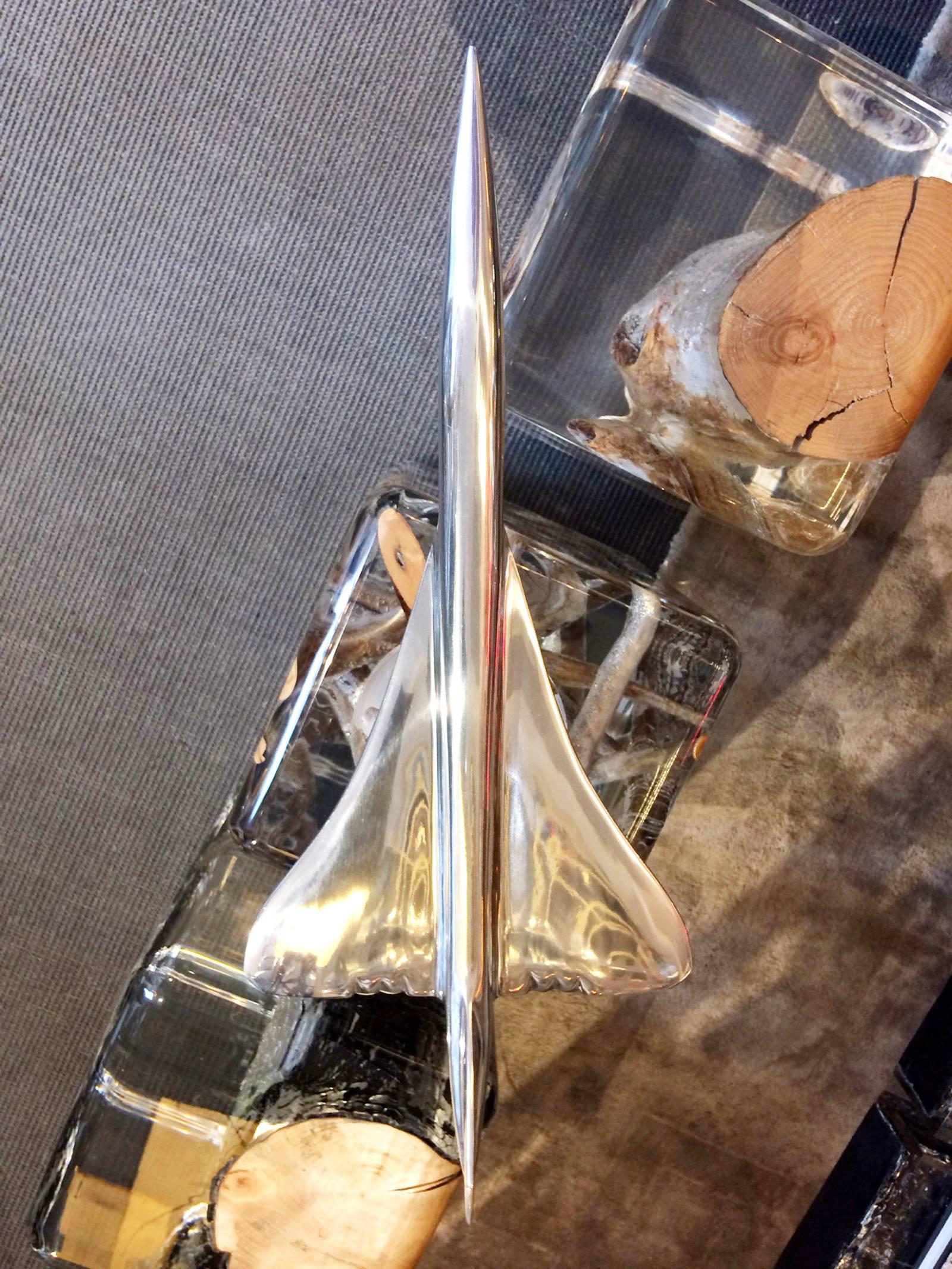 French Concorde Model in Polished Aluminium Scale 1/100 on Crystal Base