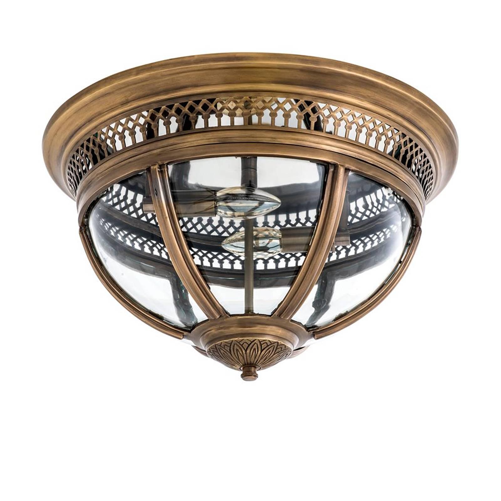 Suspension castle planet with antique brass finish
structure and clear glass. Two bulbs lamp holder type
E14, max: 40 watt. Bulbs not included. Also available
with nickel or bronze finish structure.
