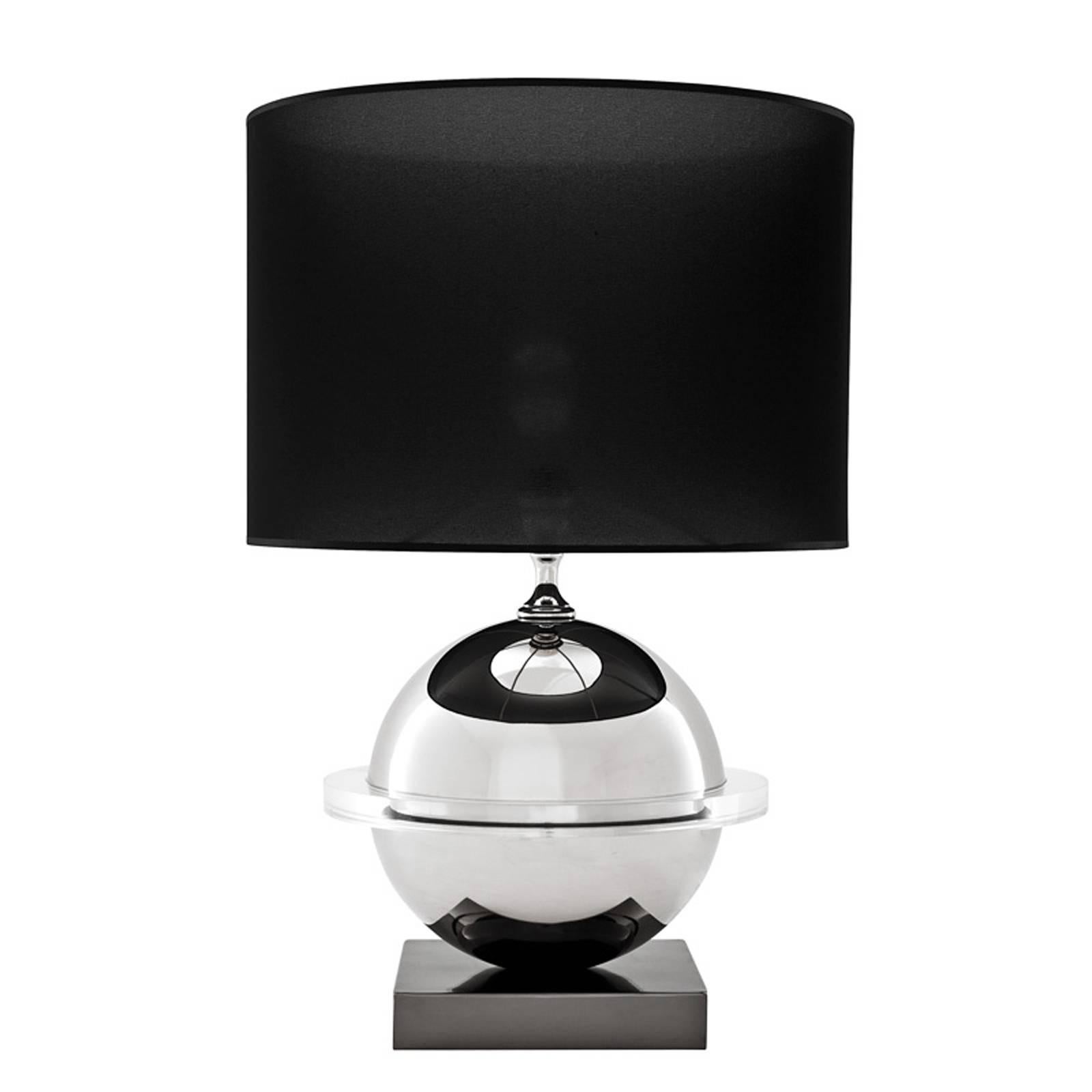 Table lamp universe in polished nickel finish 
and clear acrylic on black nickel base. Including
black organza shade. Shade dimension: Ø50xH35cm. 
1 bulb lamp holder type E27, 40 watt max. 
Bulb not included.
