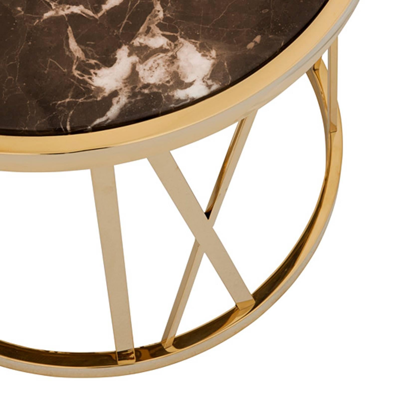 Polished Romain Side Table in Gold Finish and Brown Marble