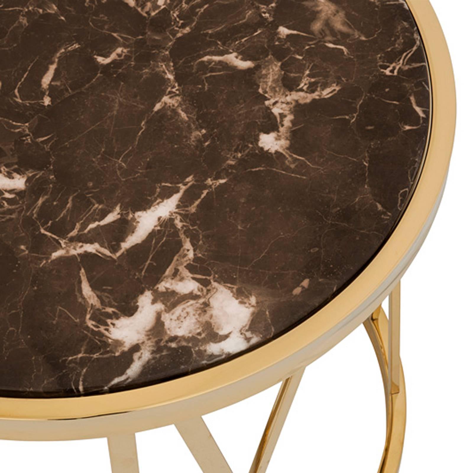 Side table Romain with gold finish structure made with
romain numbers. With brown marble top.
Also available in polished stainless steel with black marble
top and structure with roman numbers.
