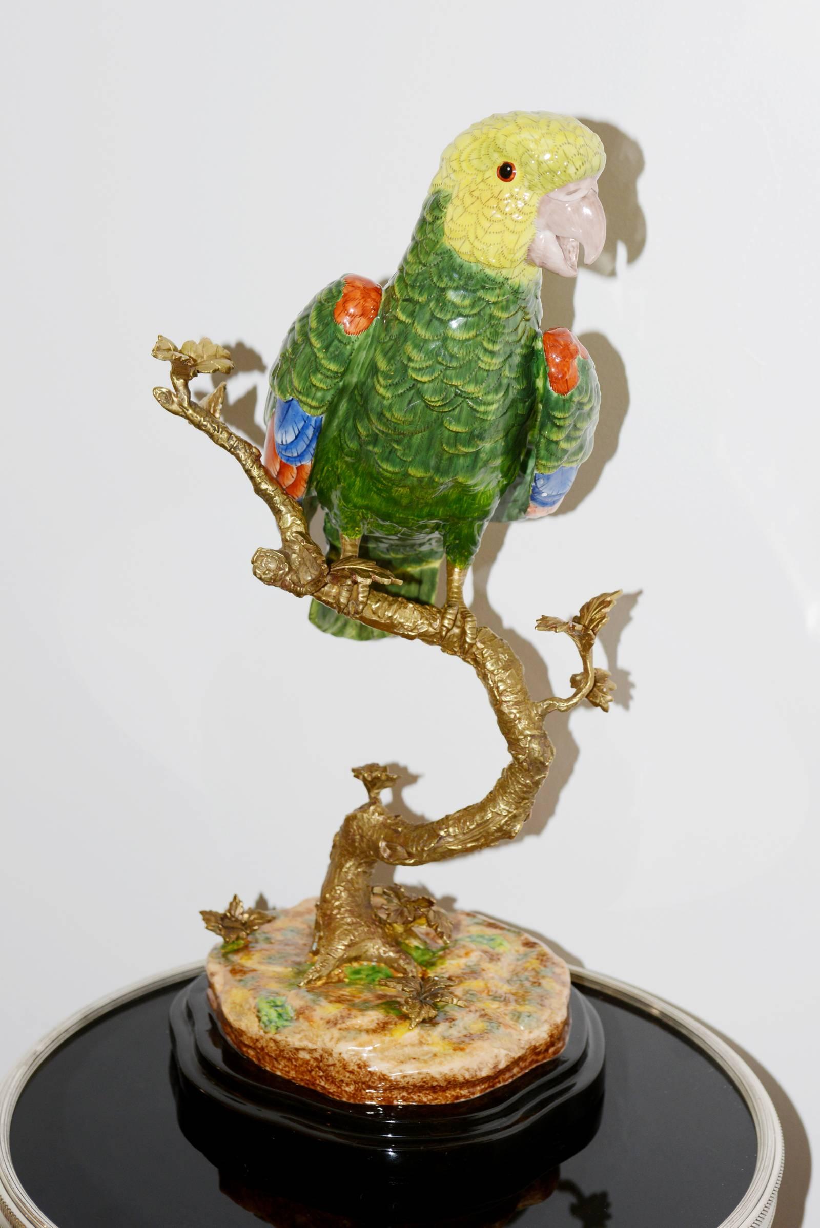 Parrot Sculpture in Solid Porcelain Hand-Painted Finish and Solid Bronze In Excellent Condition In Paris, FR
