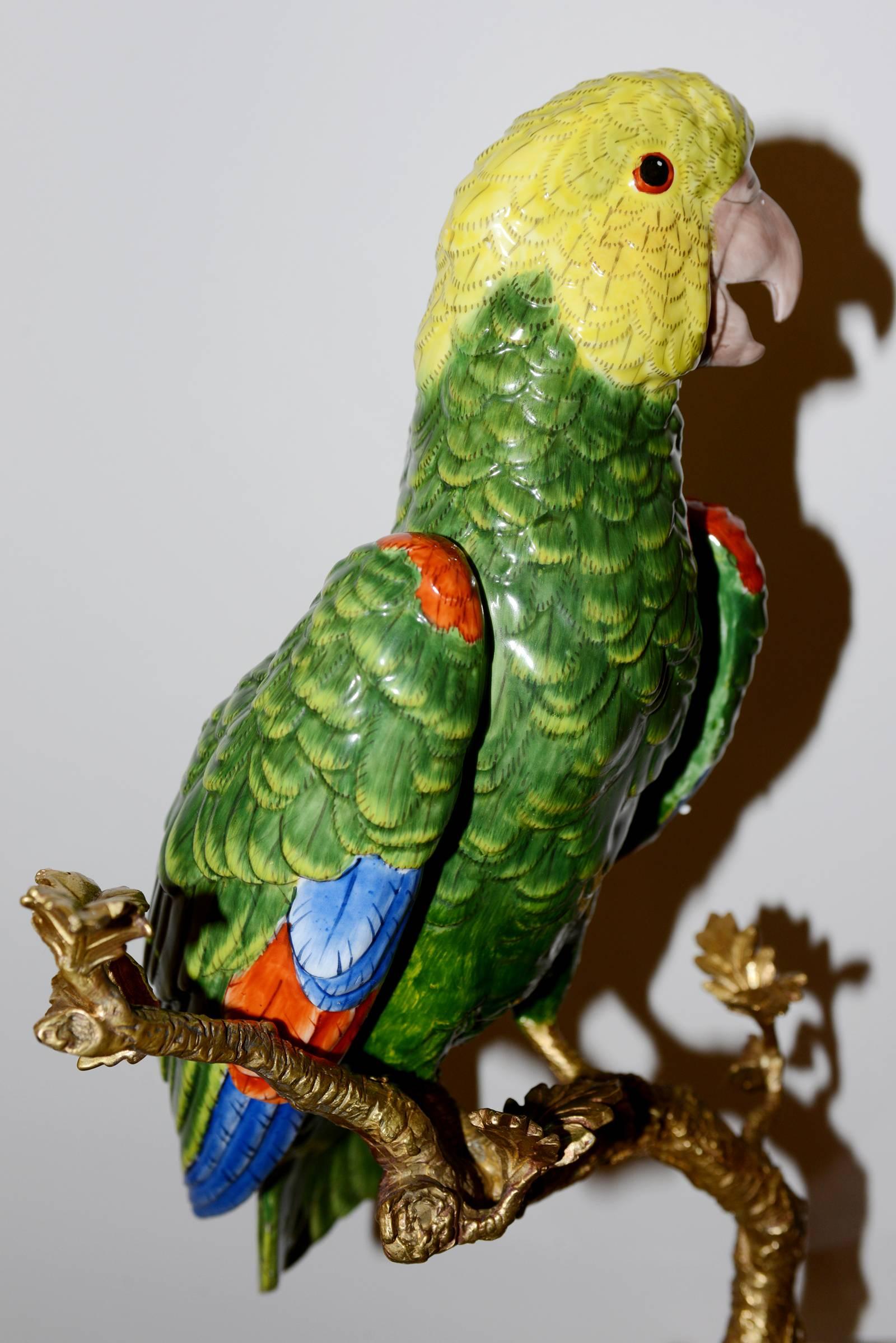 Contemporary Parrot Sculpture in Solid Porcelain Hand-Painted Finish and Solid Bronze