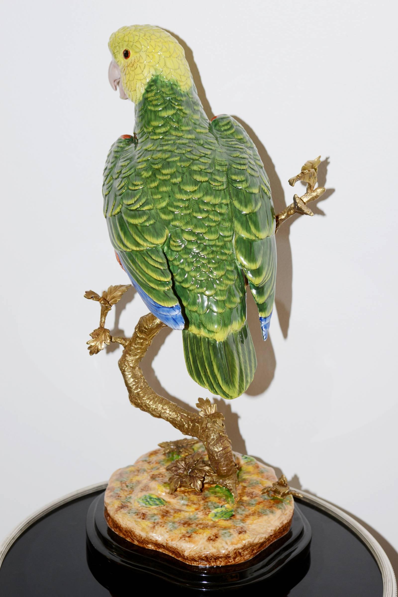 French Parrot Sculpture in Solid Porcelain Hand-Painted Finish and Solid Bronze
