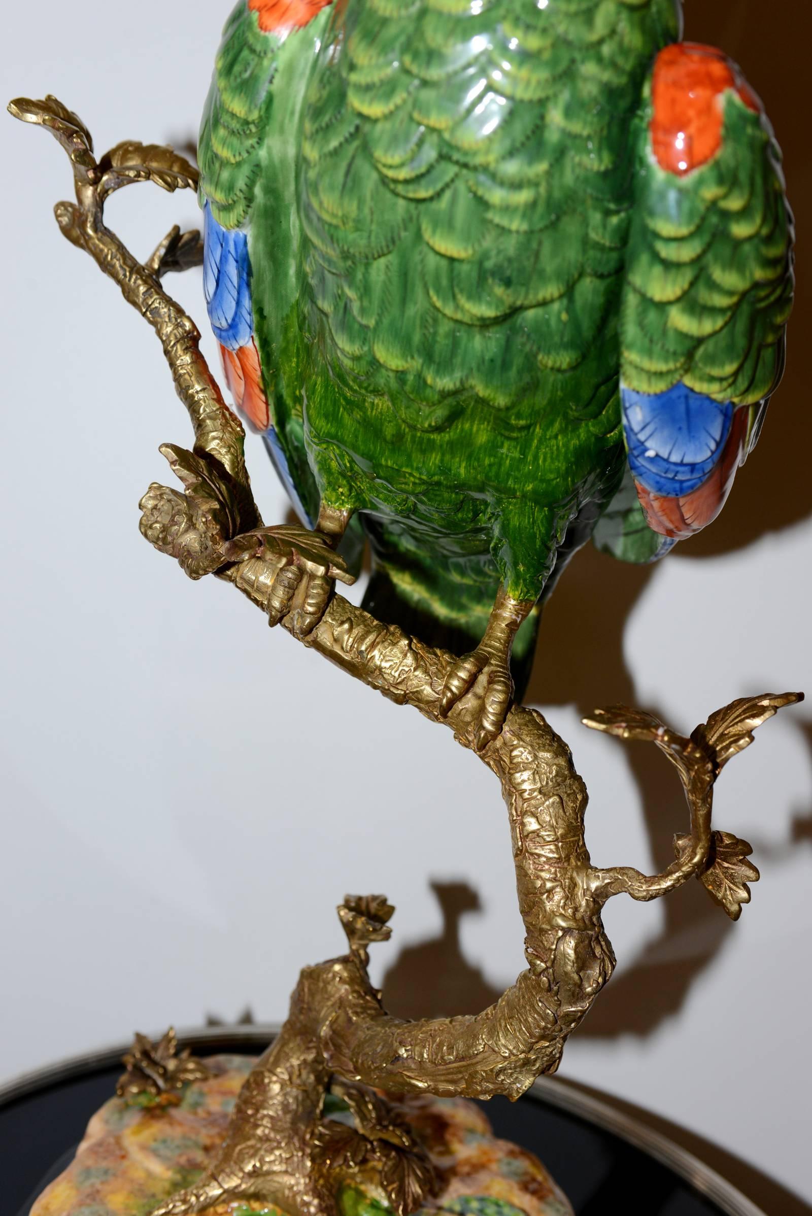 Parrot Sculpture in Solid Porcelain Hand-Painted Finish and Solid Bronze 2
