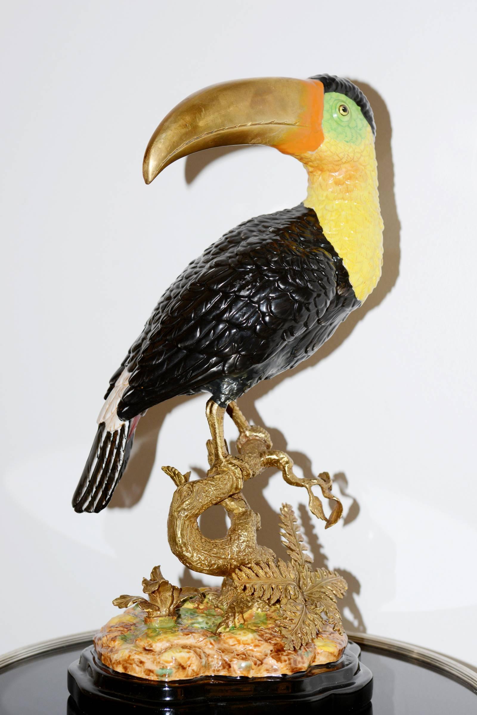 French Toucan Sculpture in Solid Porcelain Hand-Painted Finish and Solid Bronze
