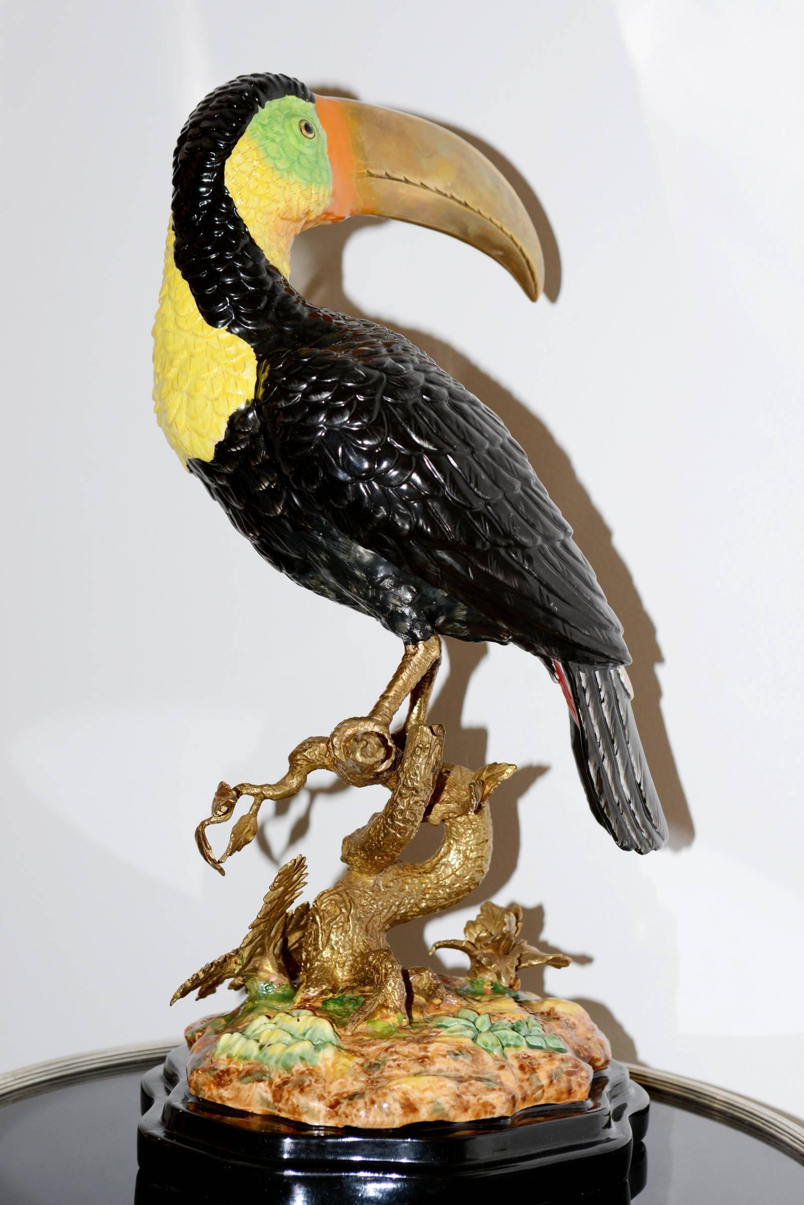 Contemporary Toucan Sculpture in Solid Porcelain Hand-Painted Finish and Solid Bronze For Sale