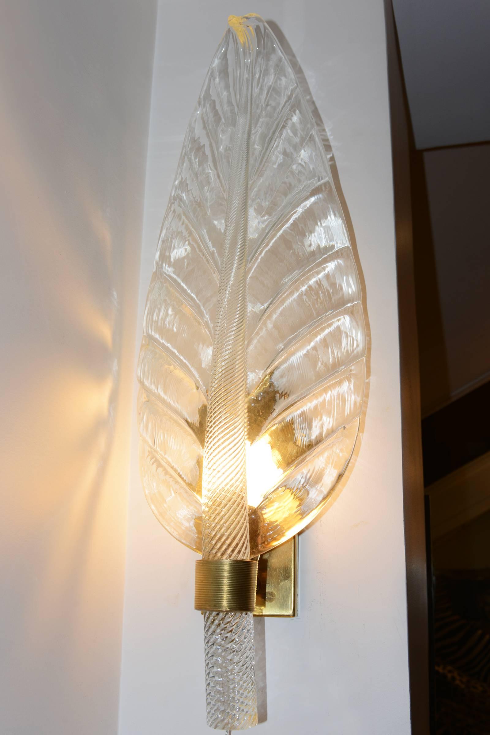 Hand-Crafted Leaves Wall Light Set of Two in Pure Murano Crystal Glass