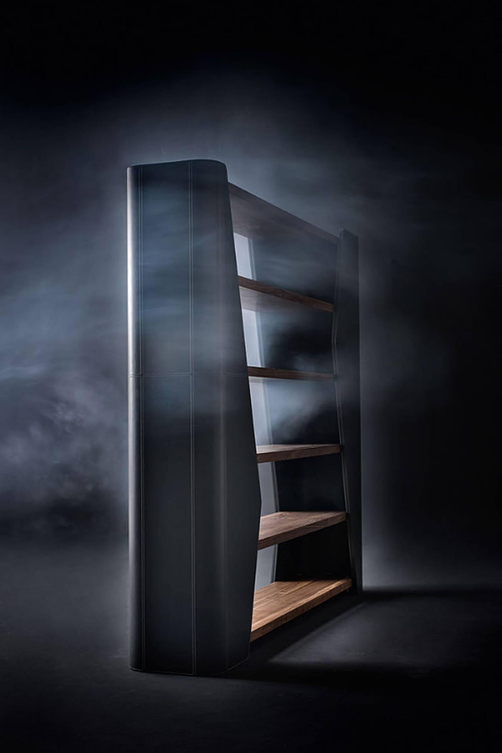 Italian Racing Bookshelves with Solid Walnut Wood and Genuine Leather For Sale