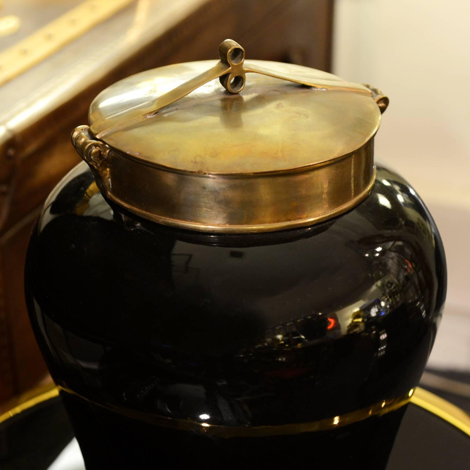 Indonesian Indo Tea Jug in Black Ceramic and Brass Top For Sale