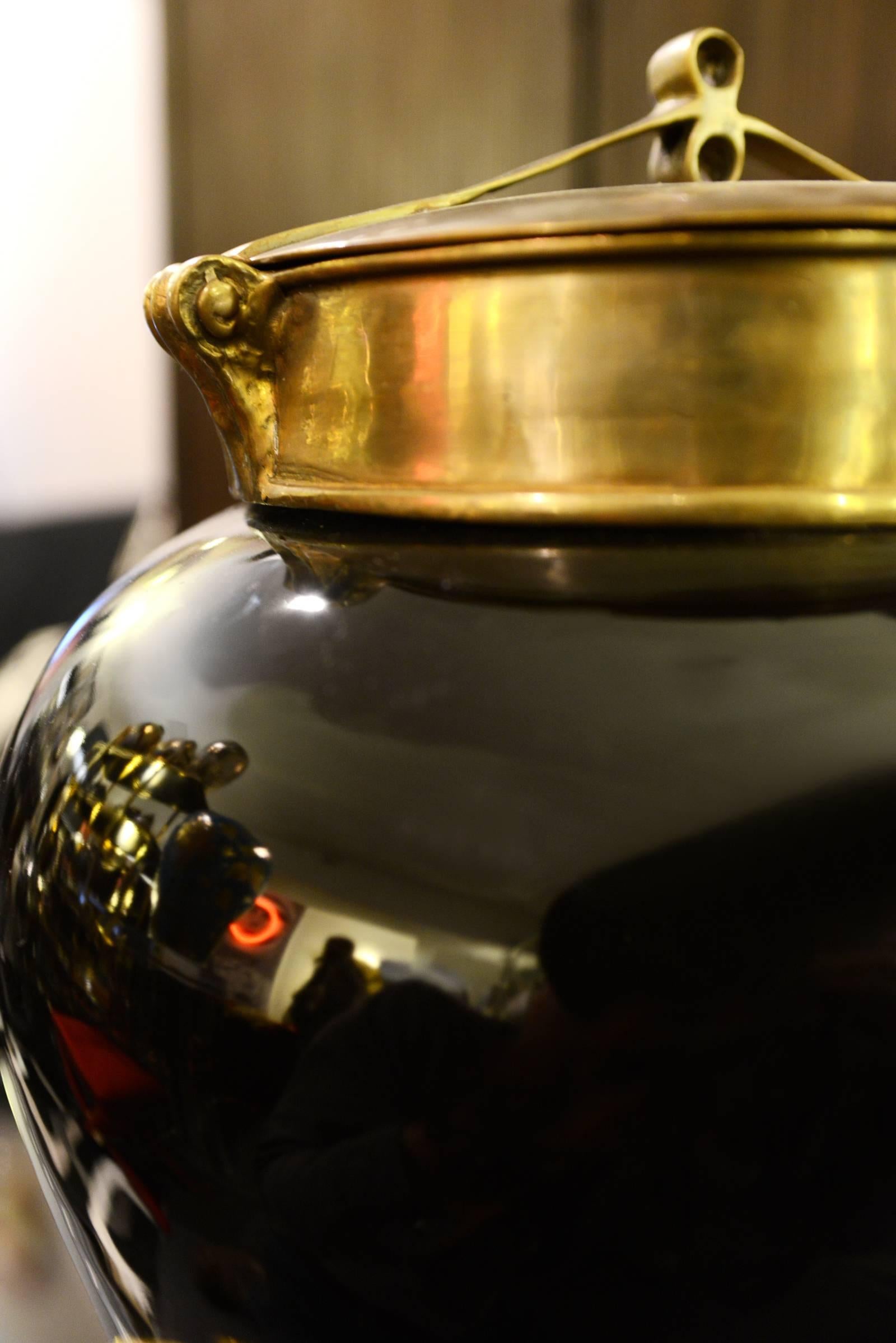 Polished Indo Tea Jug in Black Ceramic and Brass Top For Sale