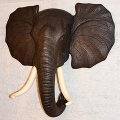 Elephant Head Sculpture in Waxed Teak Wood from Indonesia