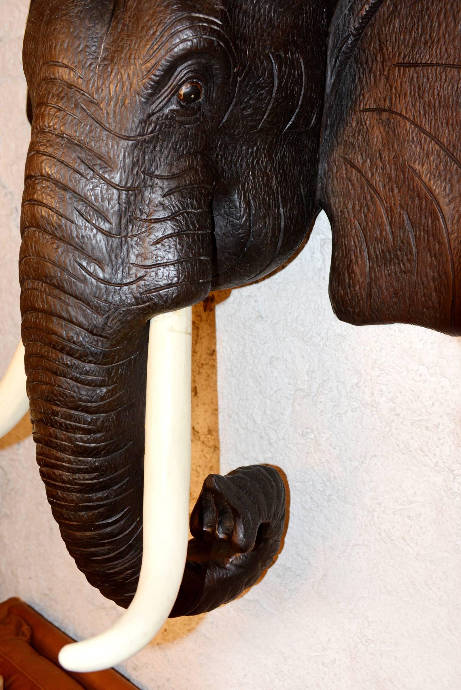 Elephant Head Sculpture in Waxed Teak Wood from Indonesia 1