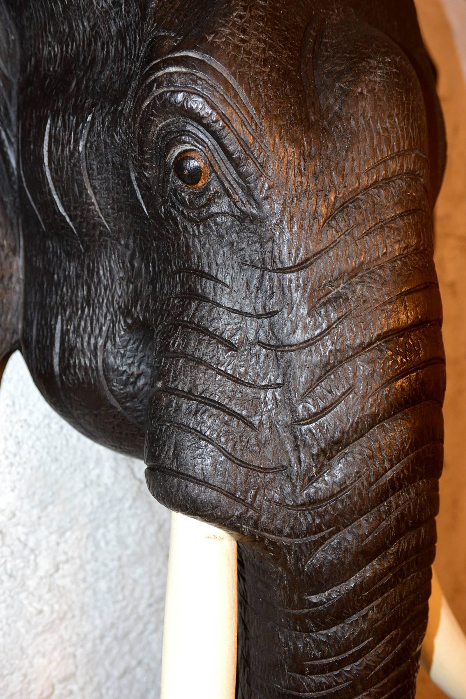 Hand-Carved Elephant Head Sculpture in Waxed Teak Wood from Indonesia