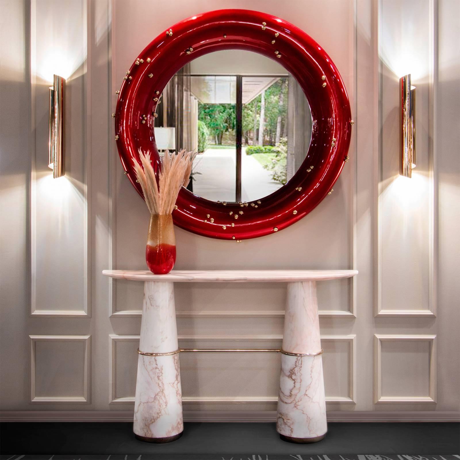 Contemporary Red Mirror with Black and Red Glossy Varnished and Golded Snails For Sale