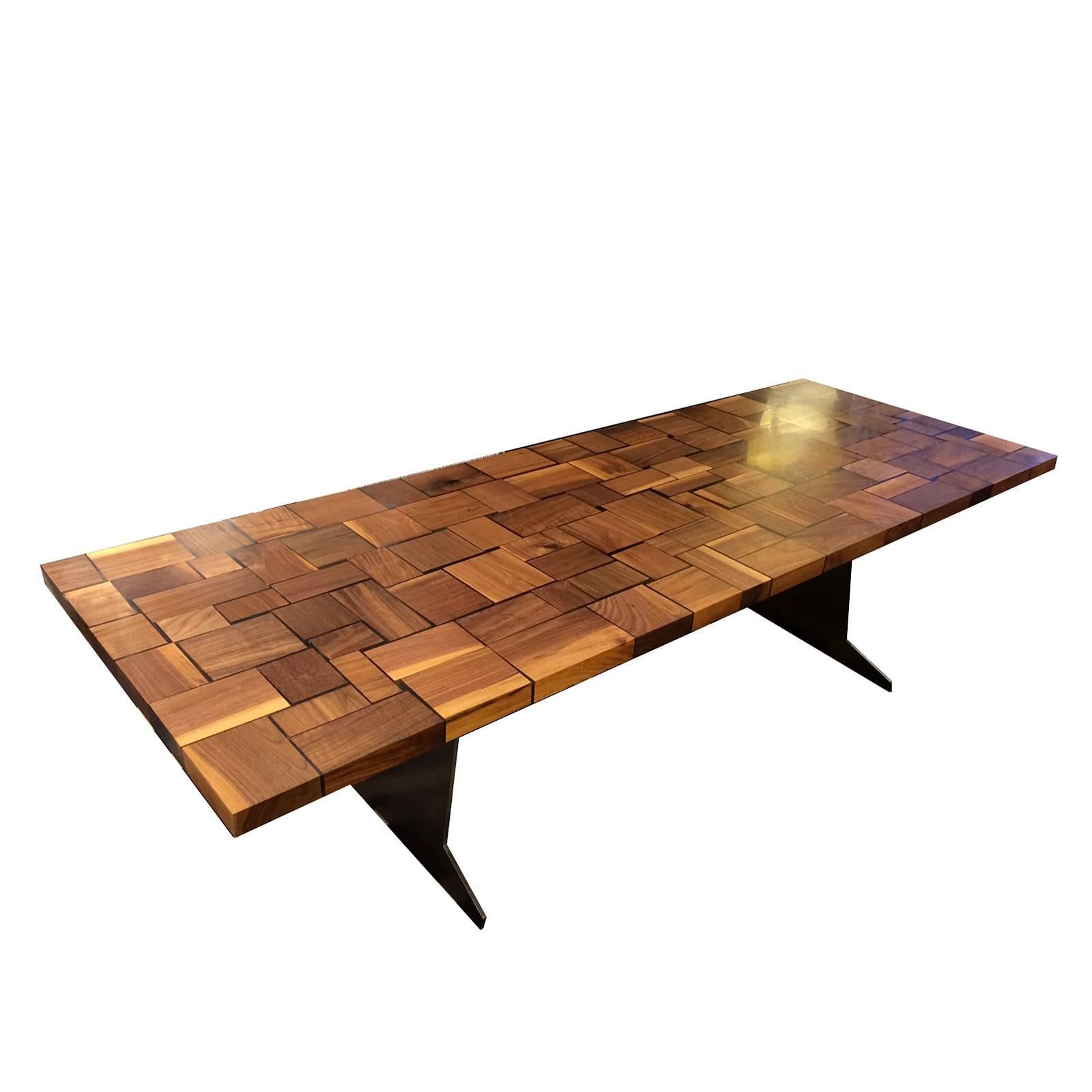 Square Wood Table Squared Blocks of Solid Wood Processed with Resin
