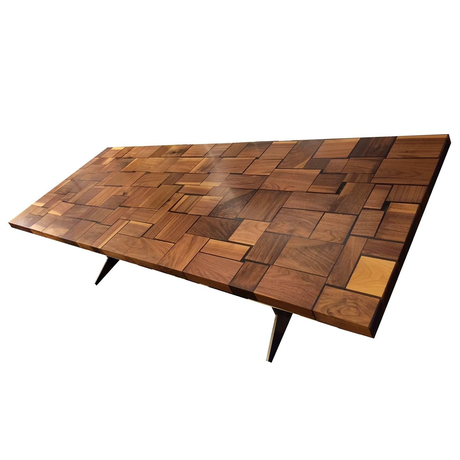Italian Square Wood Table Squared Blocks of Solid Wood Processed with Resin