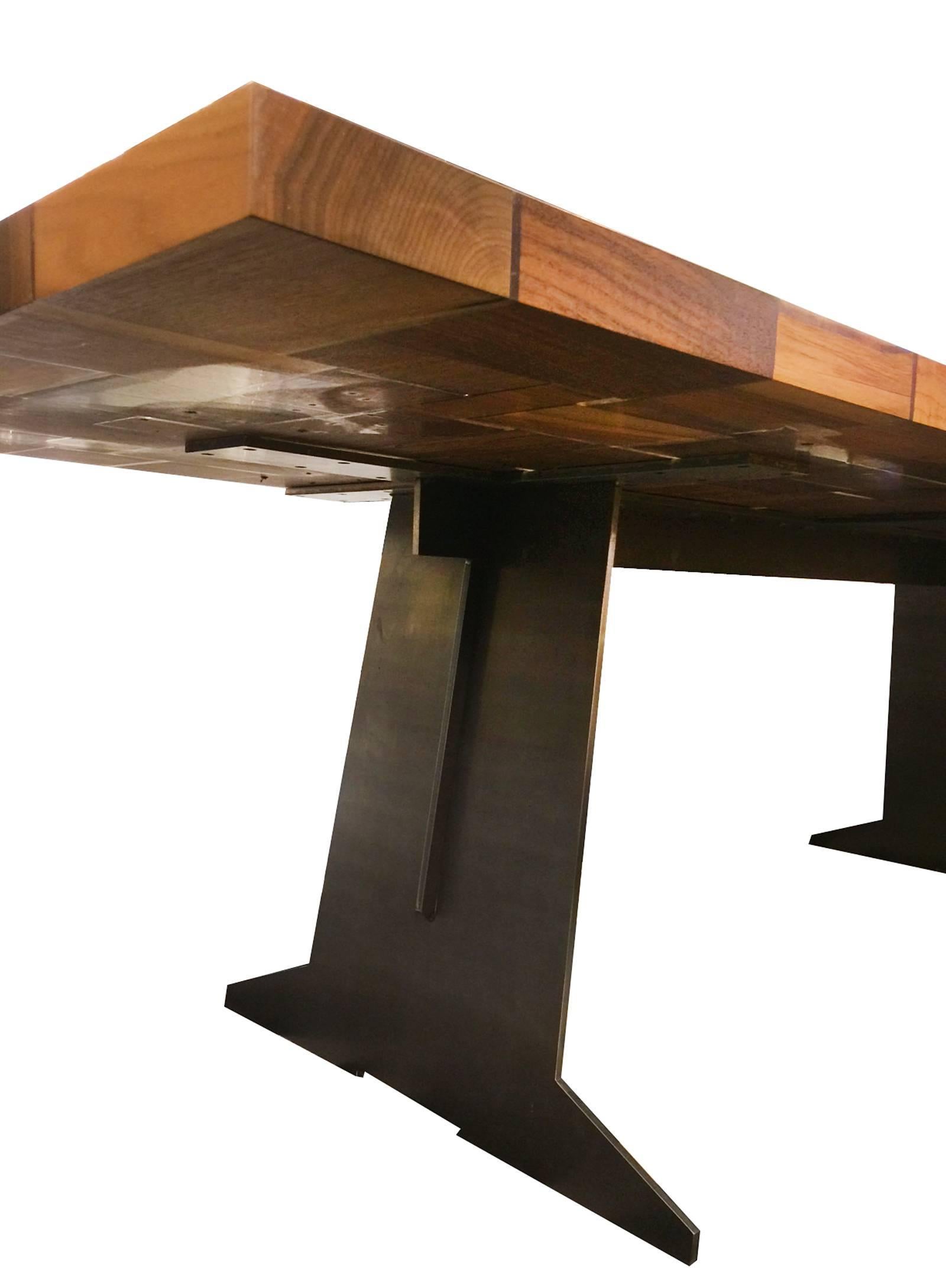 Hand-Crafted Square Wood Table Squared Blocks of Solid Wood Processed with Resin