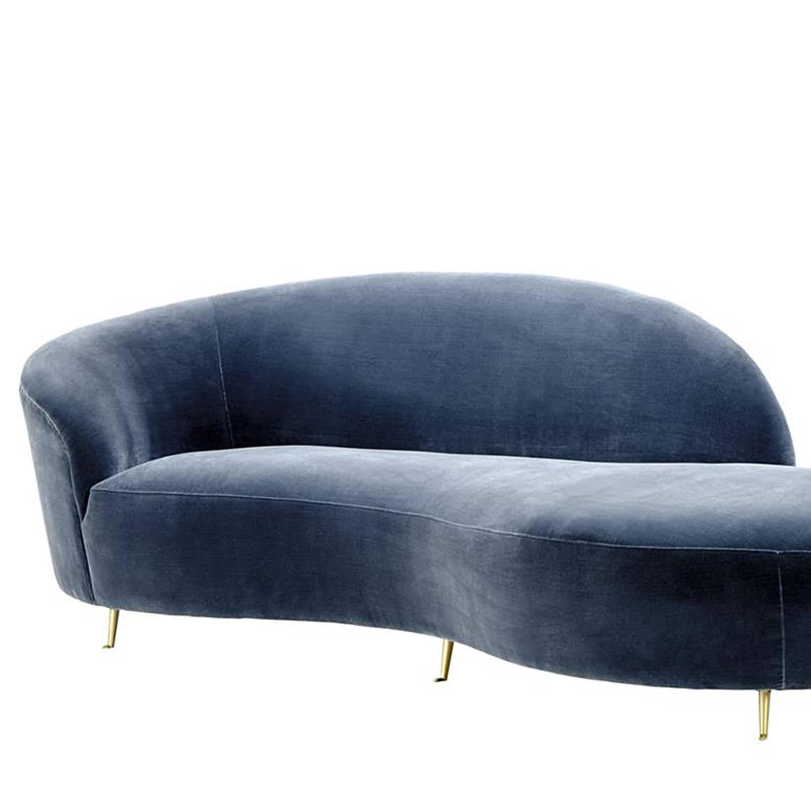 Sofa lounge faded blue upholstered with 
velvet, structure in solid wood with brass legs.
Fire retardent treated velvet.
