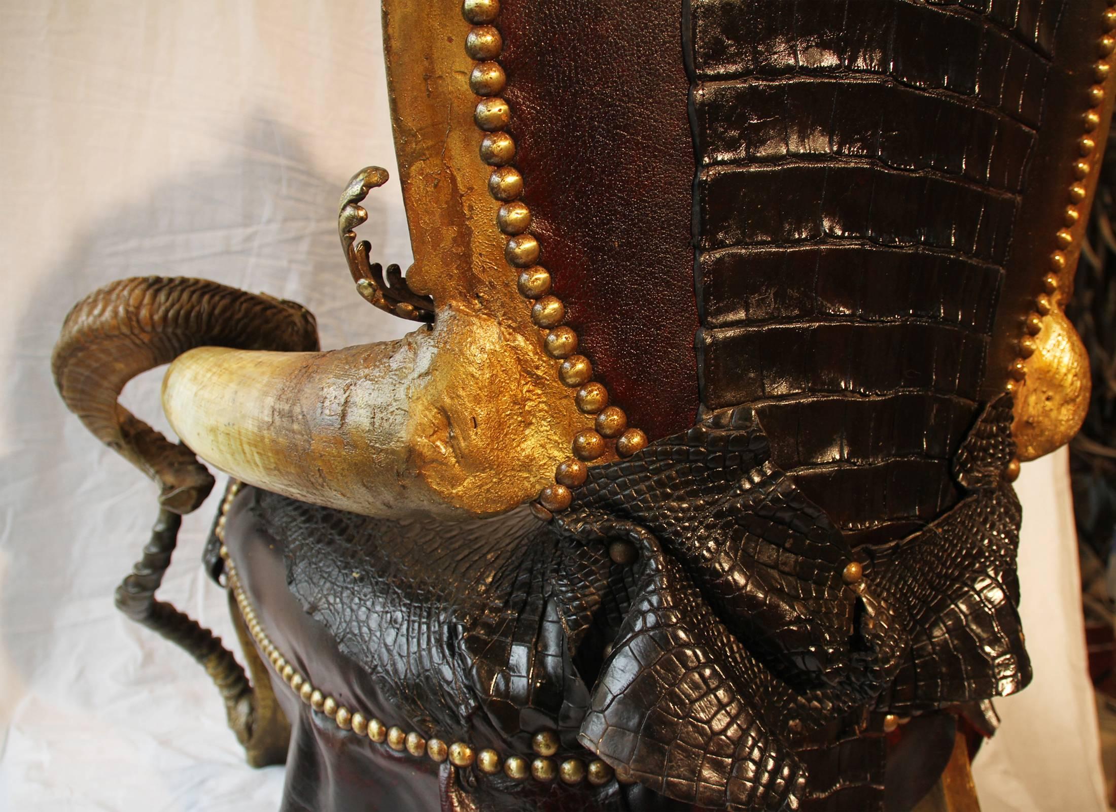 French Black Crocodile Armchair with Alligator Skin and Zebu Horns For Sale
