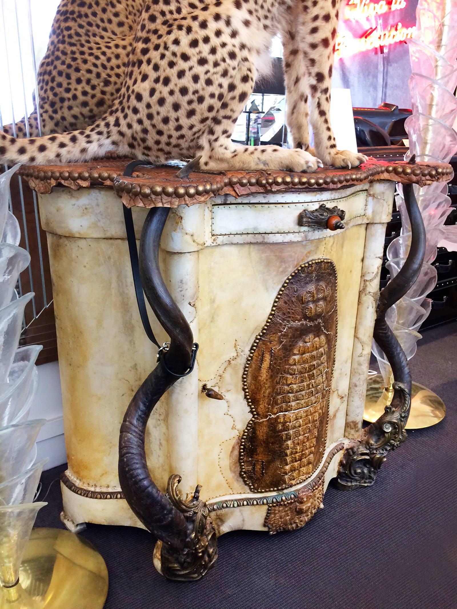 Hand-Crafted Croco and Parchment Chest with Kudu Horns