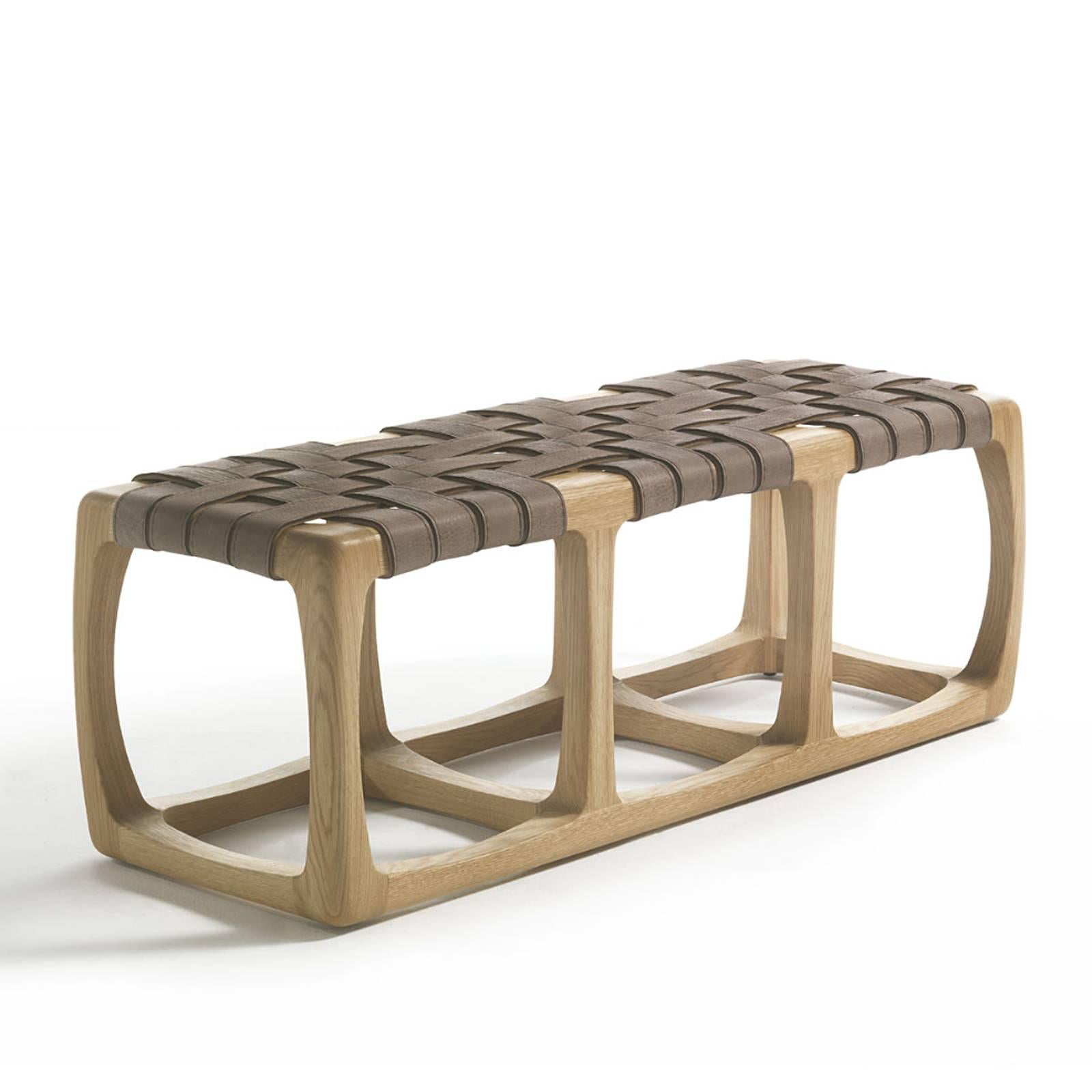 Hand-Crafted Webbing Bench in Solid oak Wood with Genuine Nubuck Leather For Sale