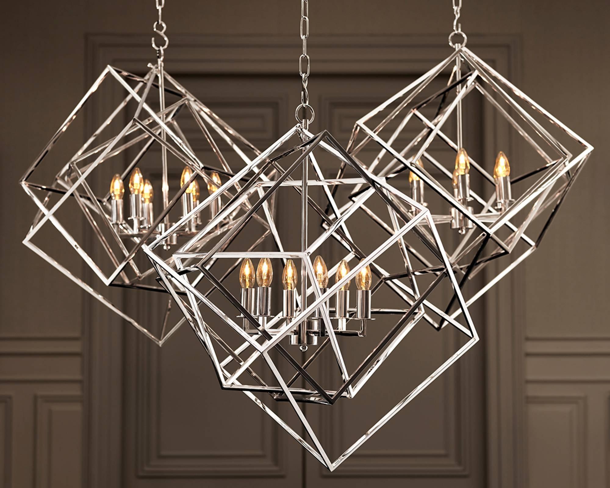 Contemporary So Cube Chandelier in Vintage Brass or Nickel Finish For Sale