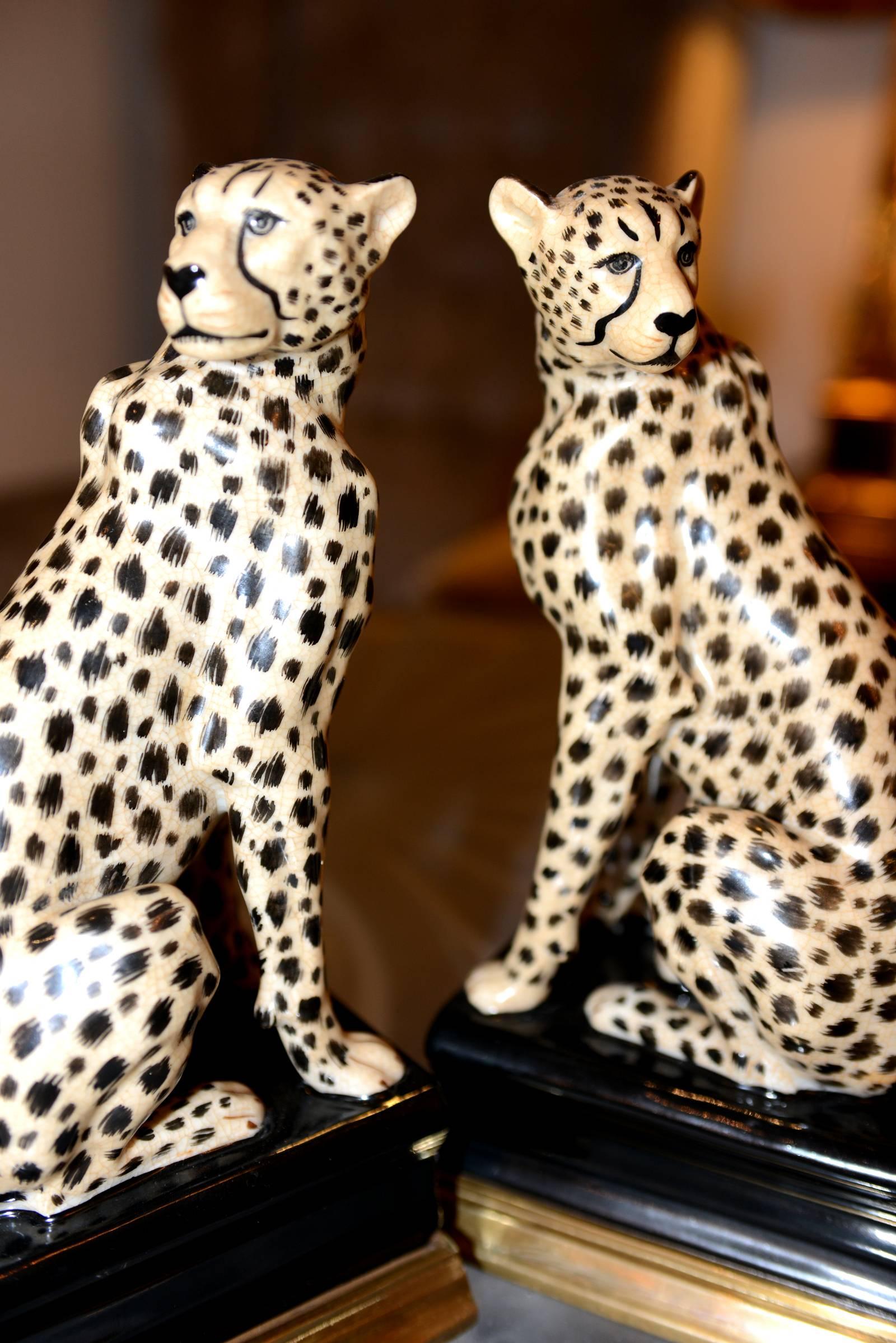 Hand-Crafted Cheetah Bookends Set of Two in Porcelain with Brass Base