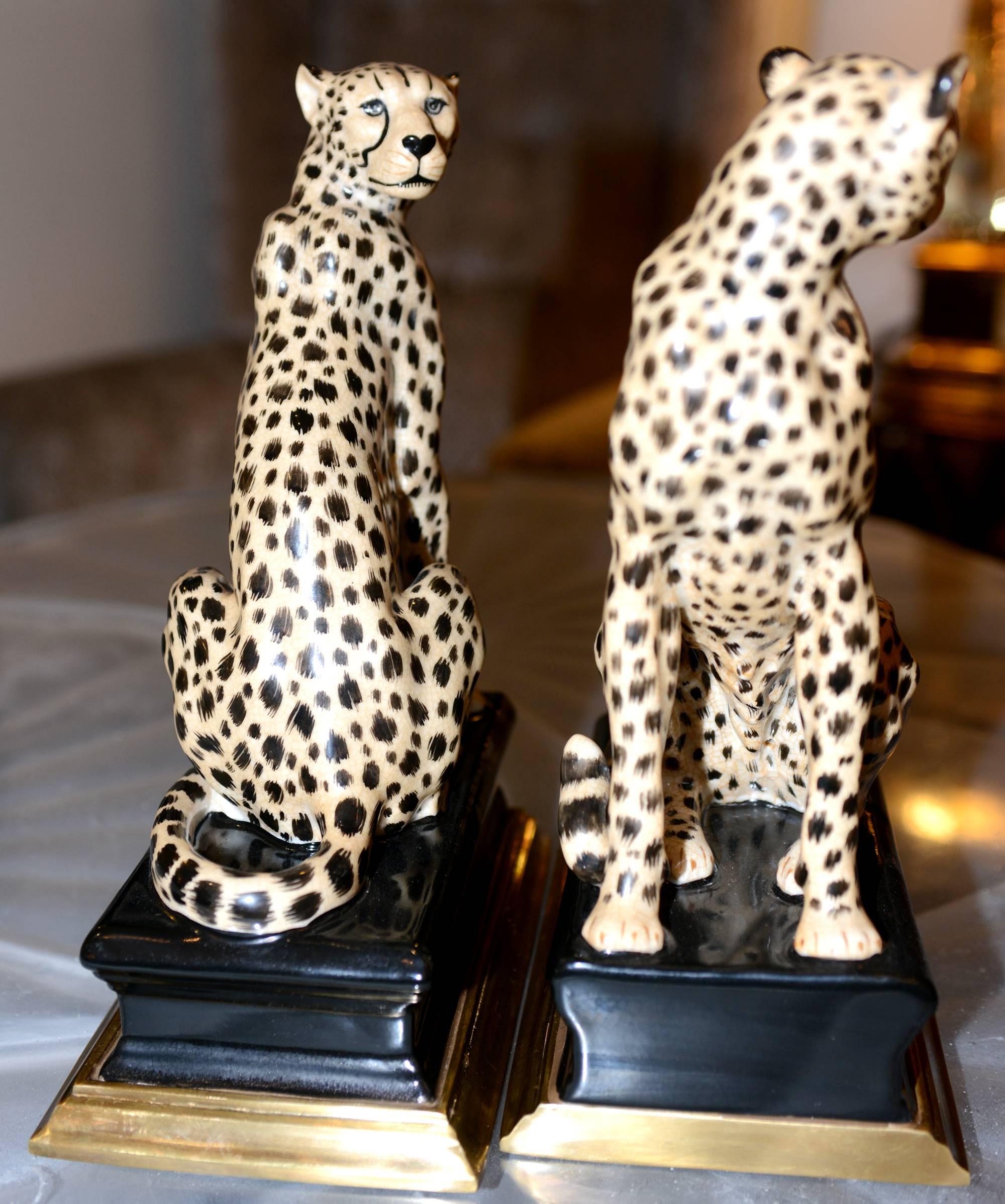 Contemporary Cheetah Bookends Set of Two in Porcelain with Brass Base