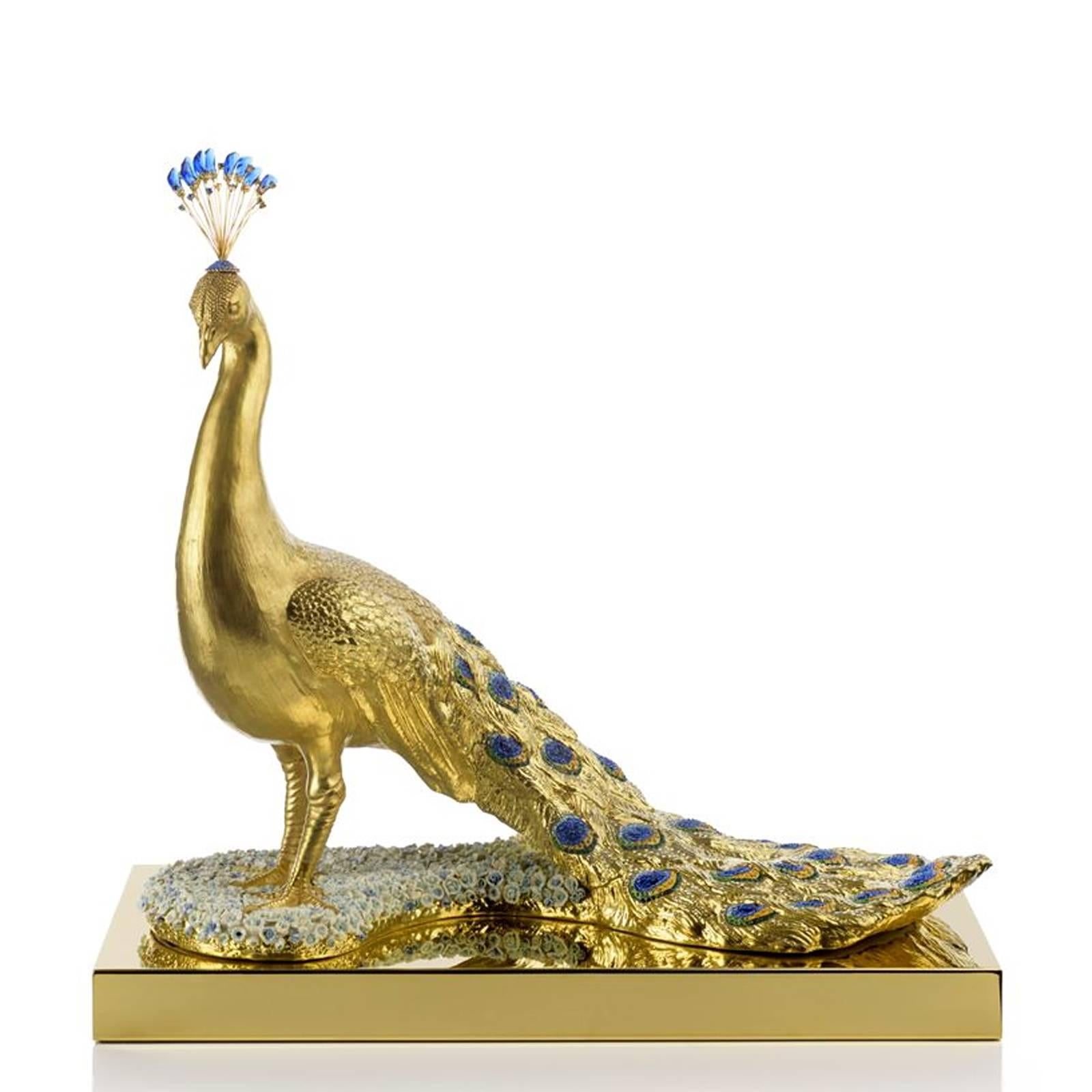 Italian Gilded Peacock Sculpture in Porcelain and Crystal For Sale