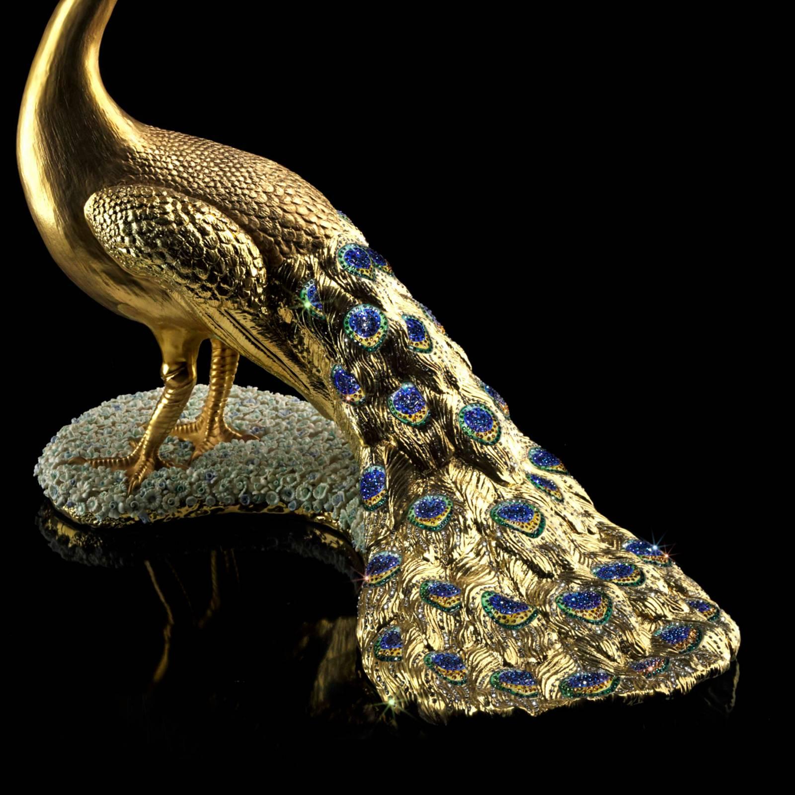 Italian Gilded Peacock Sculpture in Porcelain and Crystal For Sale