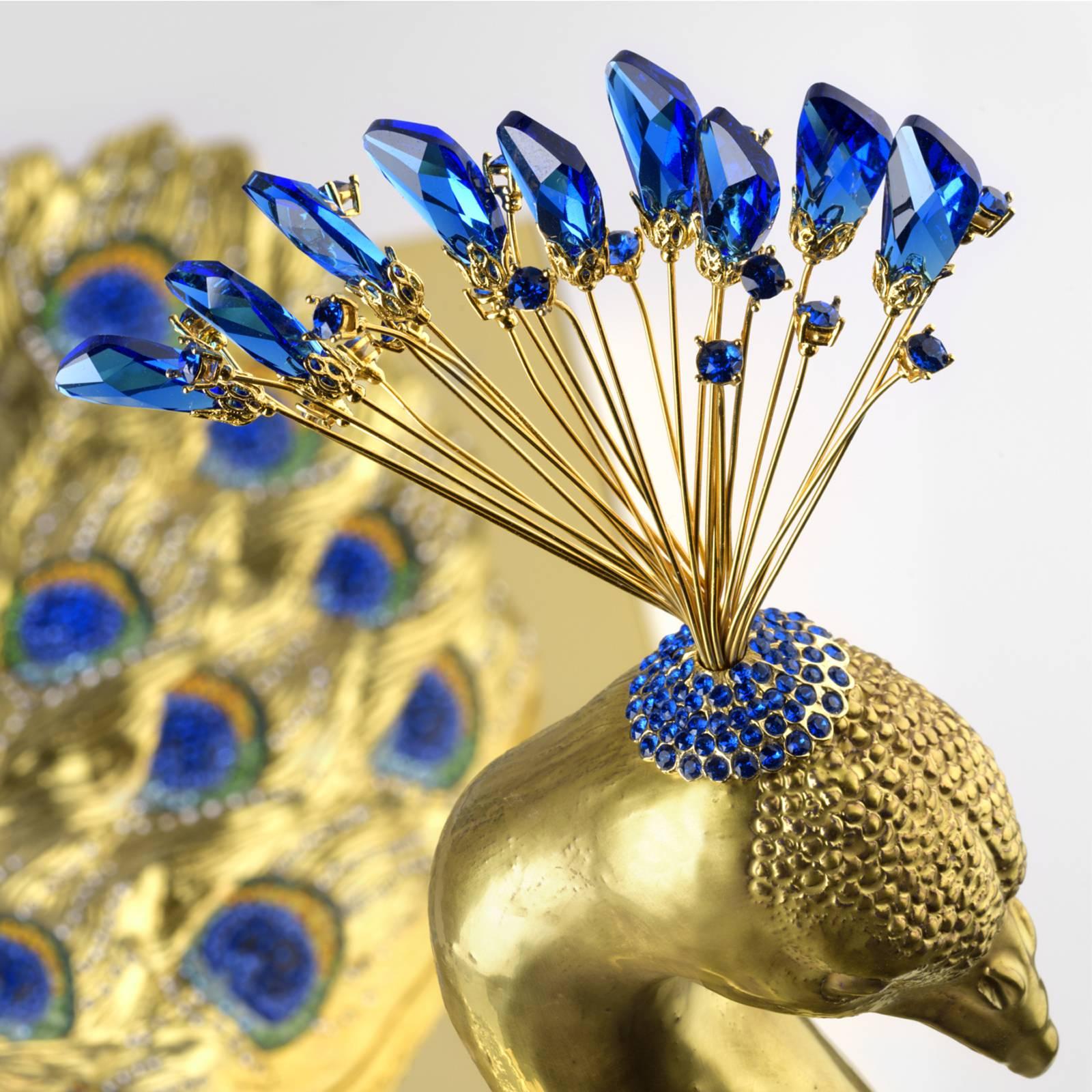 Contemporary Gilded Peacock Sculpture in Porcelain and Crystal For Sale