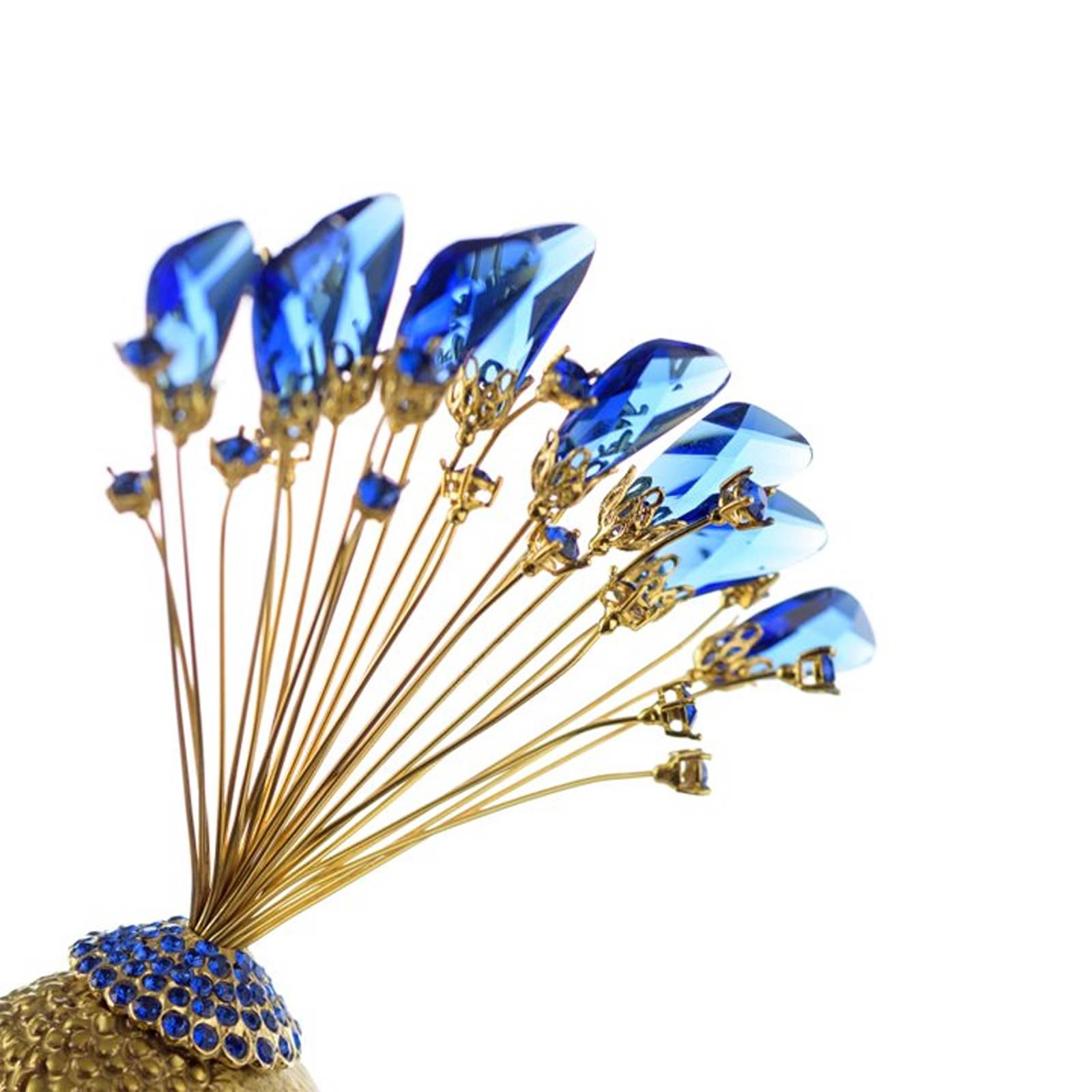 Contemporary Gilded Peacock Sculpture in Porcelain and Crystal For Sale