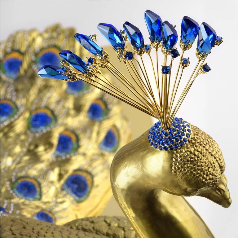Gilded Peacock Sculpture in Porcelain and Crystal For Sale at 1stdibs