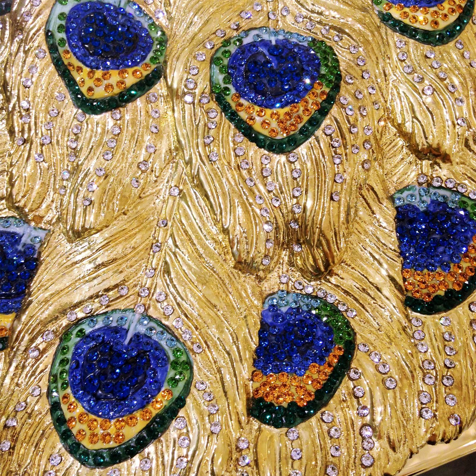 Gold Plate Gilded Peacock Sculpture in Porcelain and Crystal For Sale