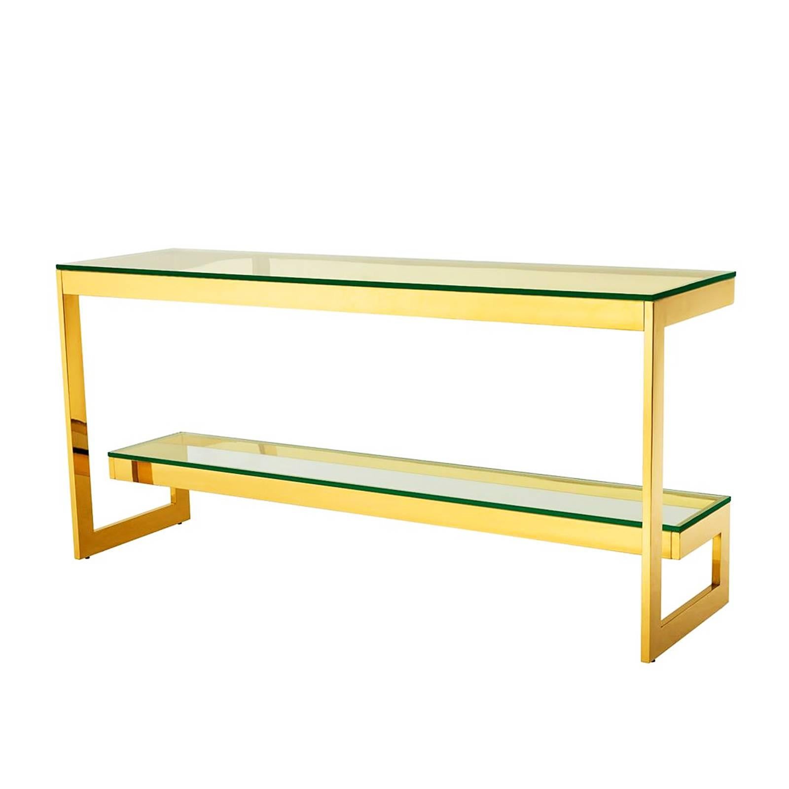 Console table double top with structure in gold
finish with two clear glass top.
Available with structure in bronze finish and two
clear glass top.
Also available in coffee table and side table double top.
