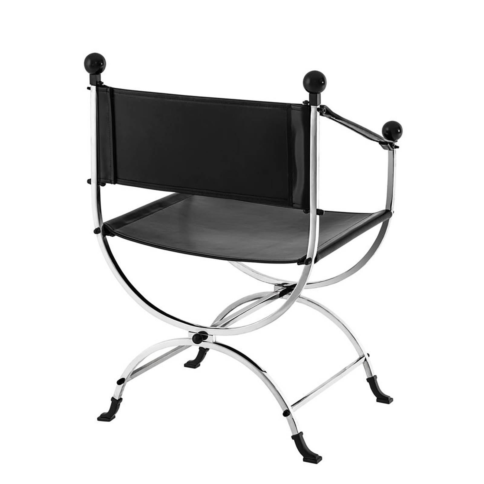 Indian Hilton Chair in Nickel Finish and Black Leather