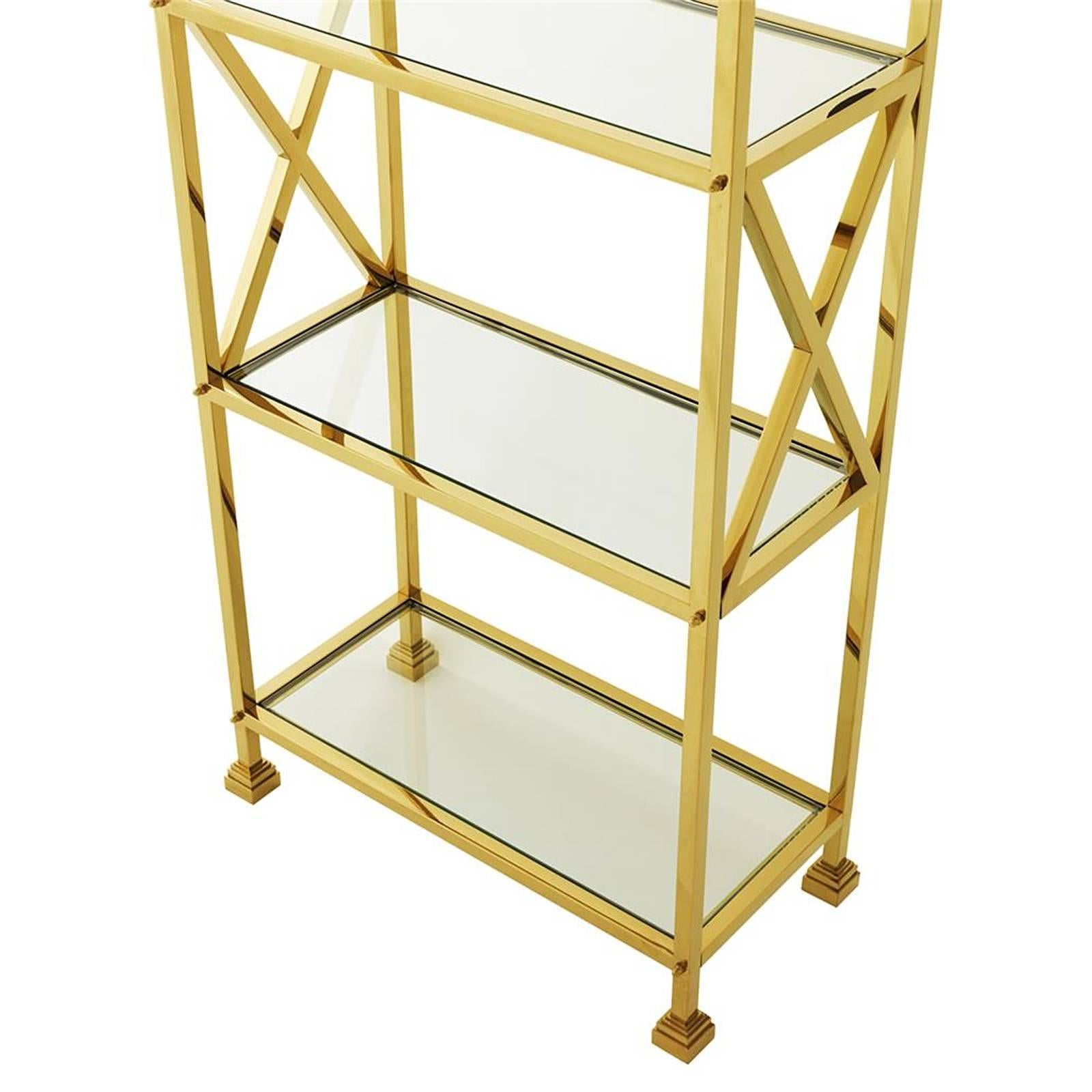 Chinese Romain Bookshelves in Gold Finish with Clear Glass