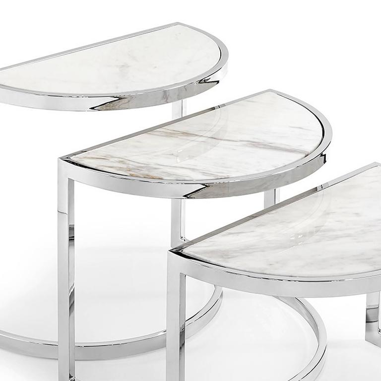 Half Moon Side Table Set of Three with White Marble Top or Glass Top