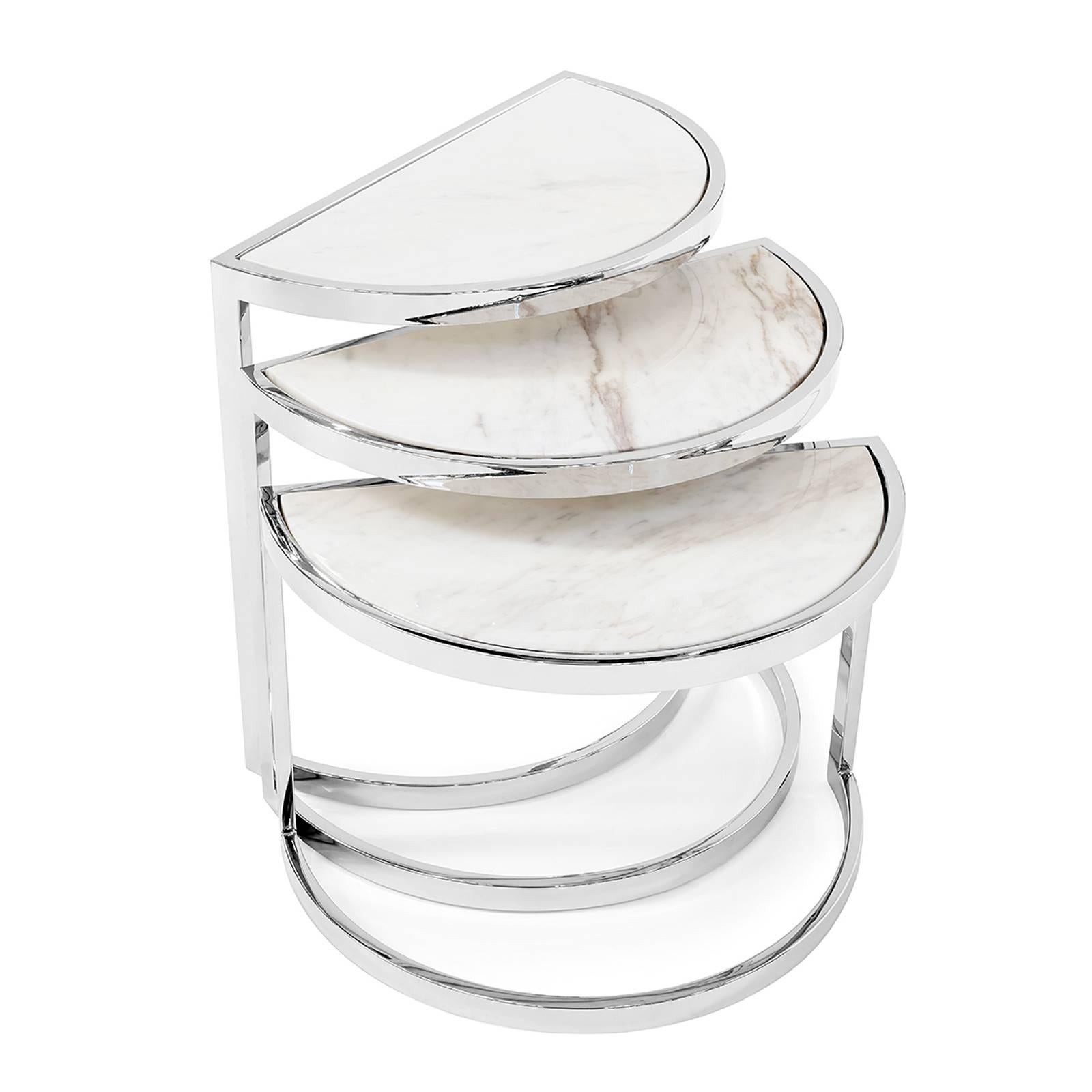 Hand-Carved Half Moon Side Table Set of Three with White Marble Top or Glass Top