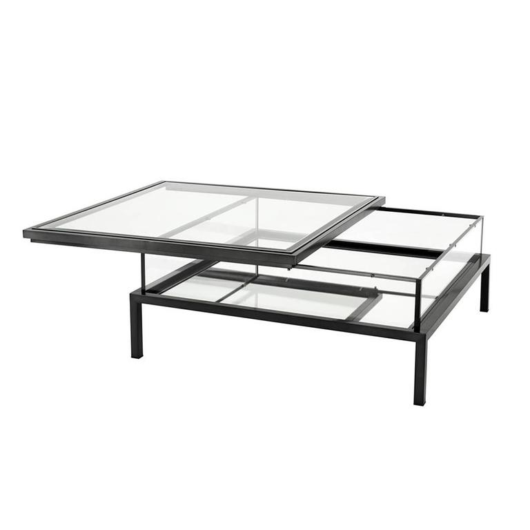 Slide Square Coffee Table in Gold Finish with Clear Glass and Sliding