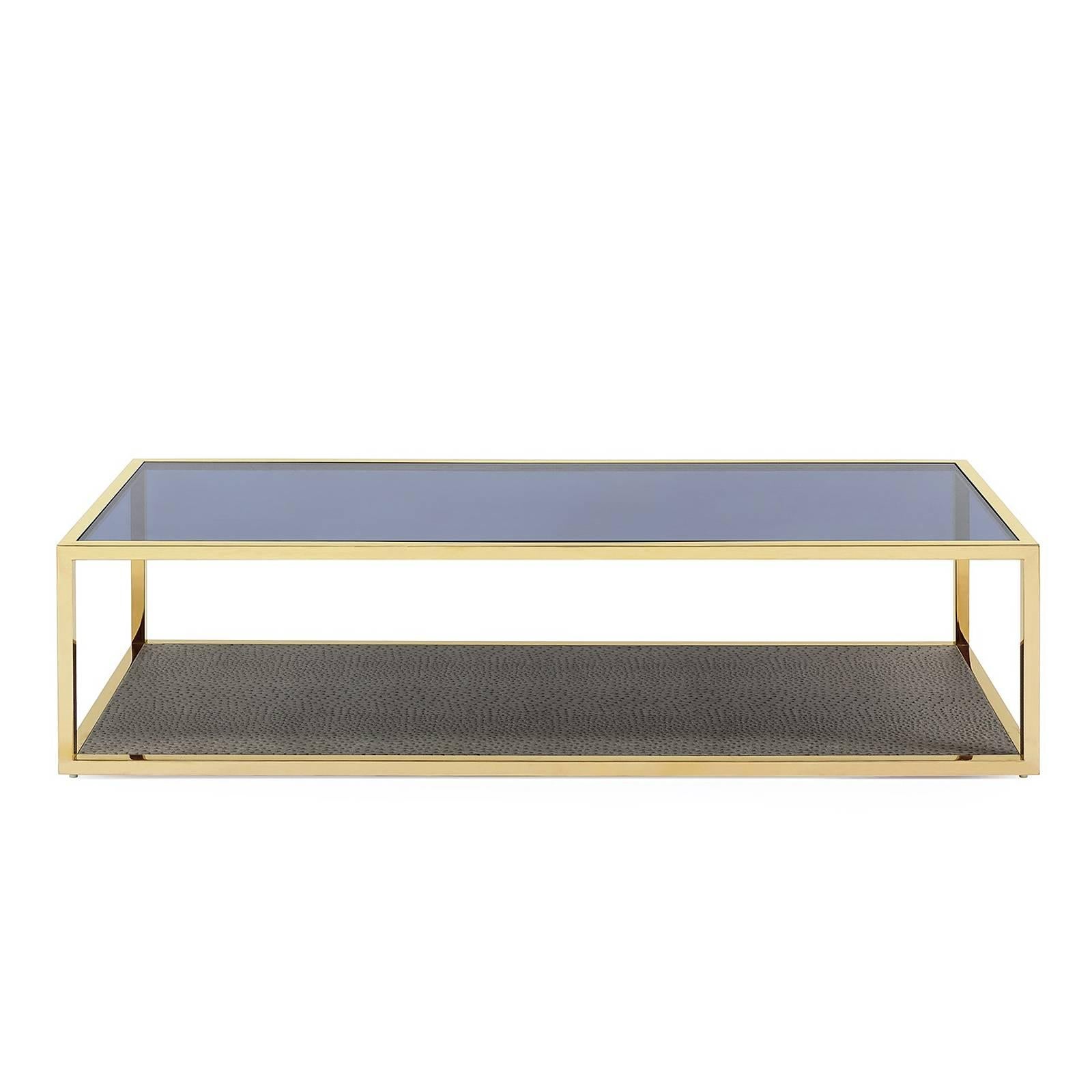 Italian Borough Coffee Table in Gold Finish Ostrich Leather Style For Sale