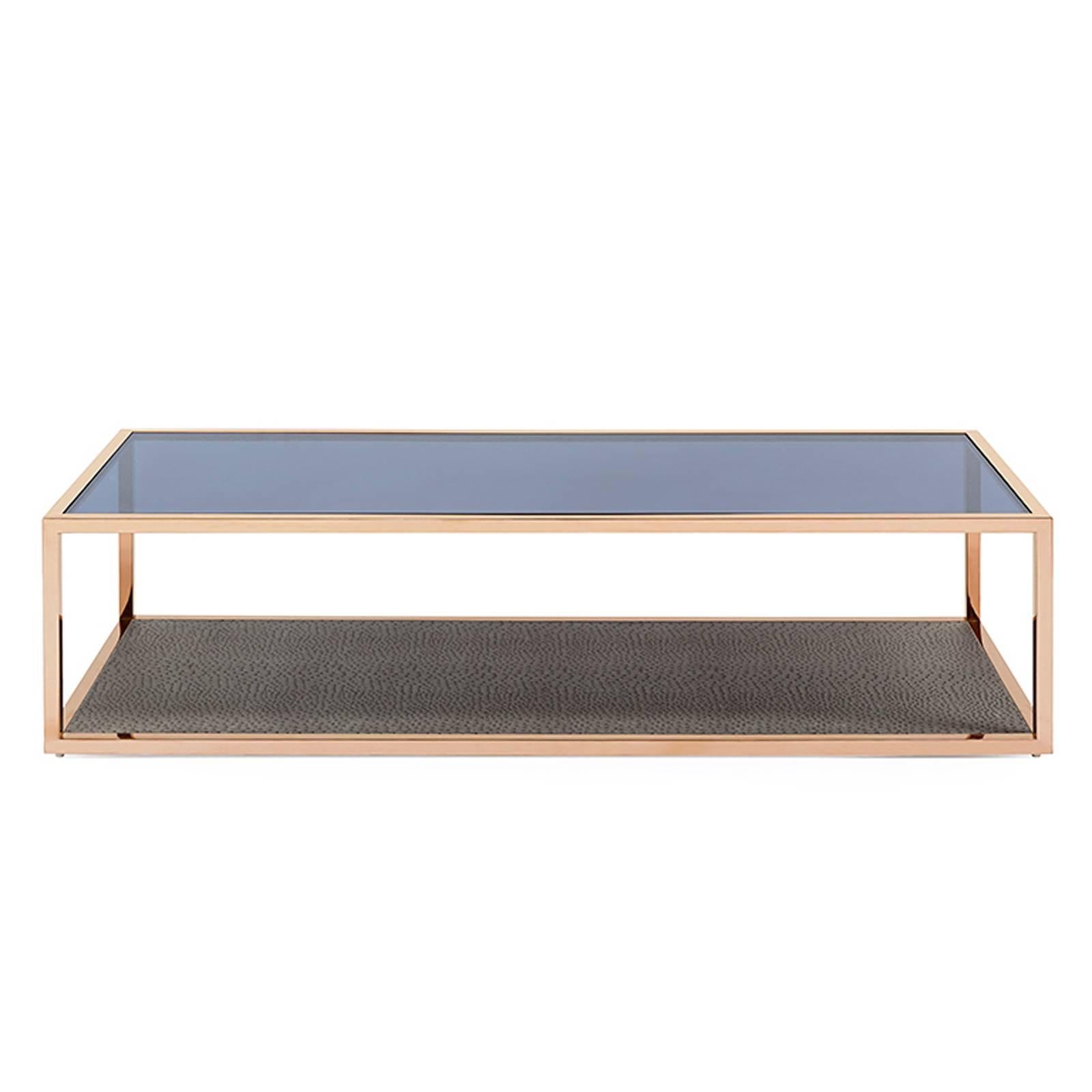Metal Borough Coffee Table in Gold Finish Ostrich Leather Style For Sale