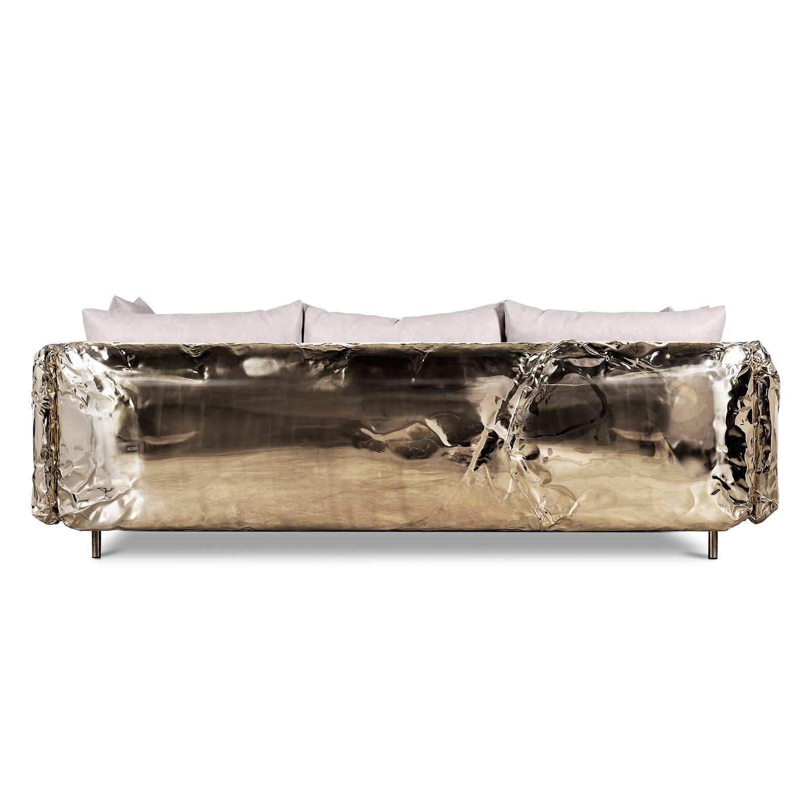 Portuguese Gold Safe Sofa with Hammered Polished Brass For Sale